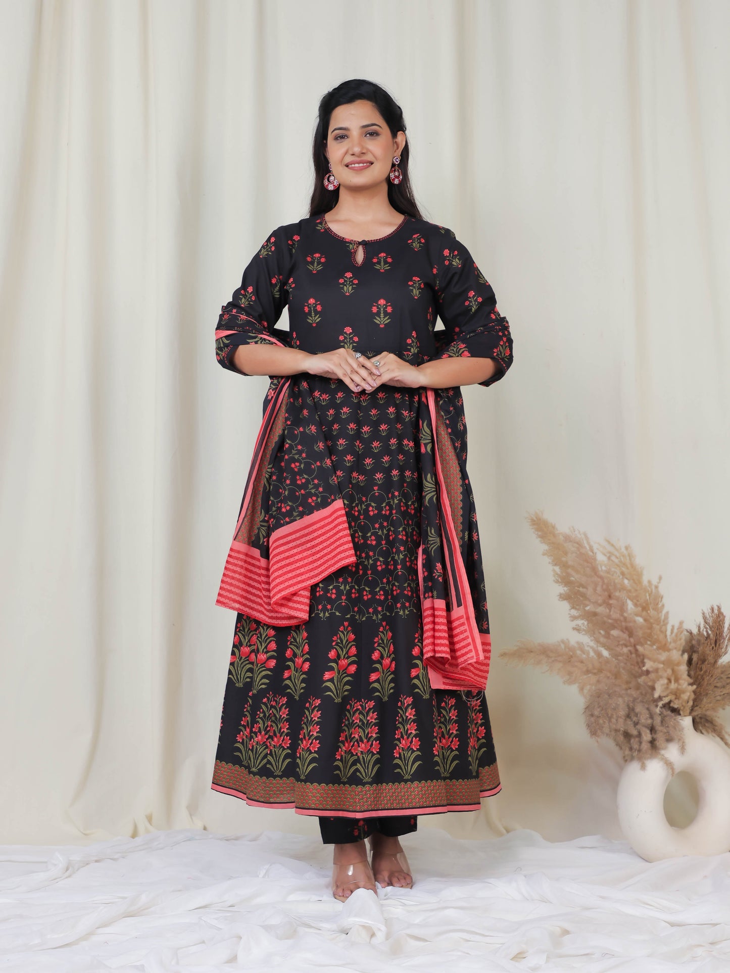 Cotton Voile Floral Black Dupatta
