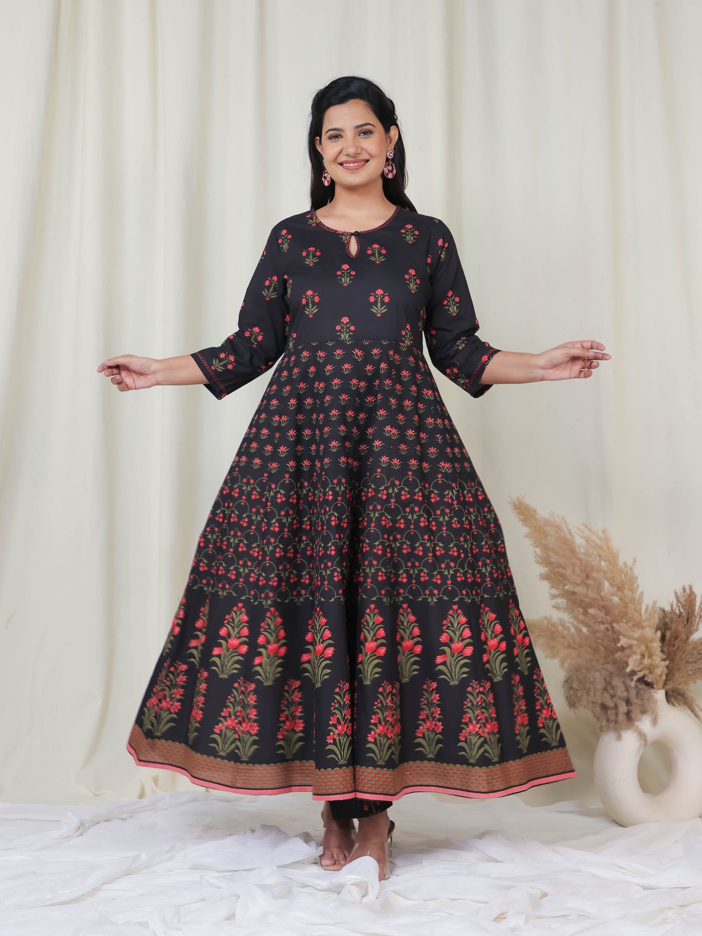 Embroidered Soft Cotton Floral Flared Black Kurta