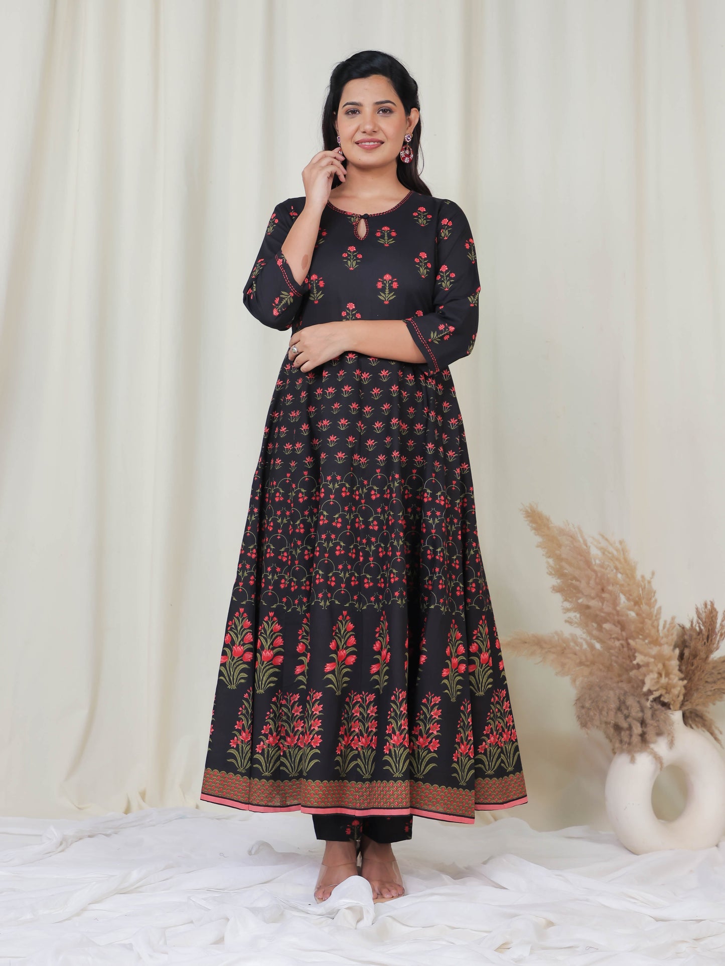 Embroidered Soft Cotton Floral Flared Black Kurta