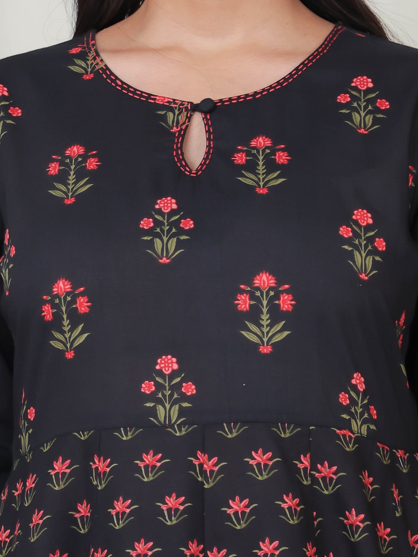 Embroidered Soft Cotton Floral Flared Black Kurta