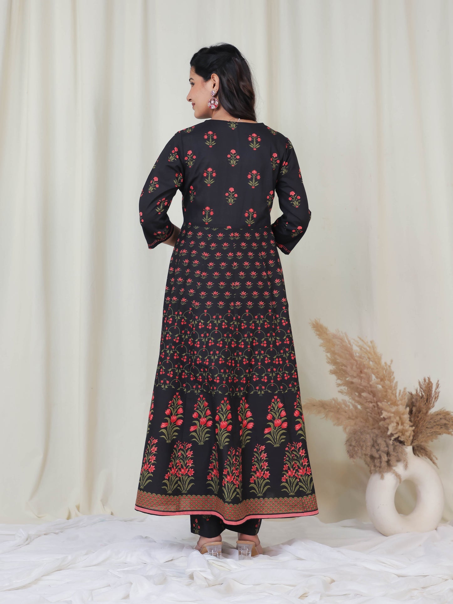 Embroidered Soft Cotton Floral Flared Black Kurta