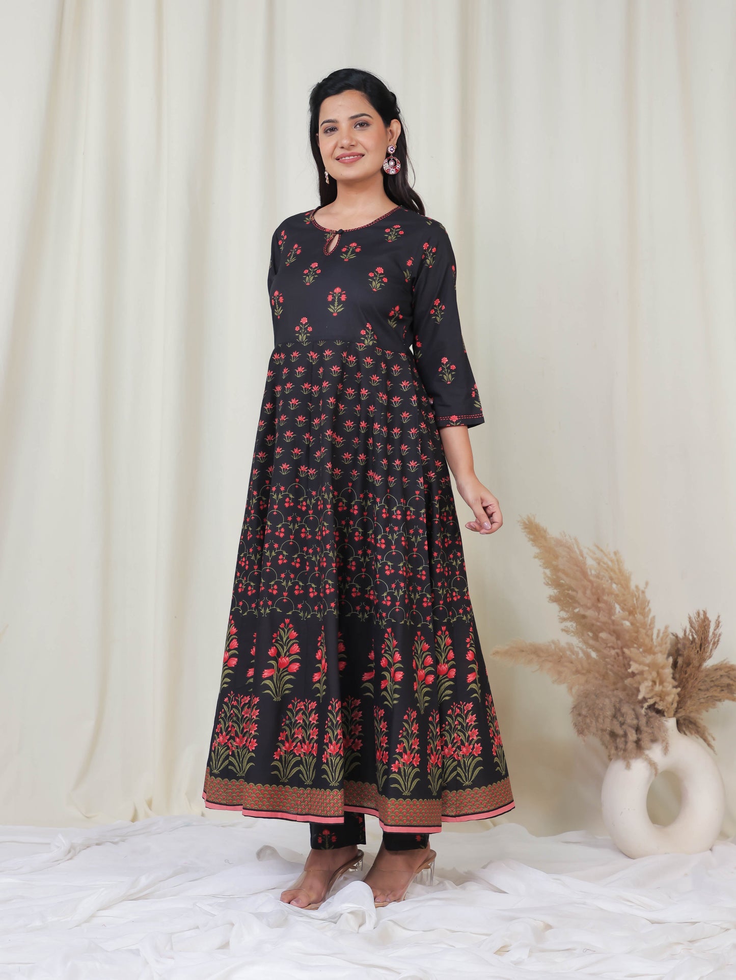 Embroidered Soft Cotton Floral Flared Black Kurta