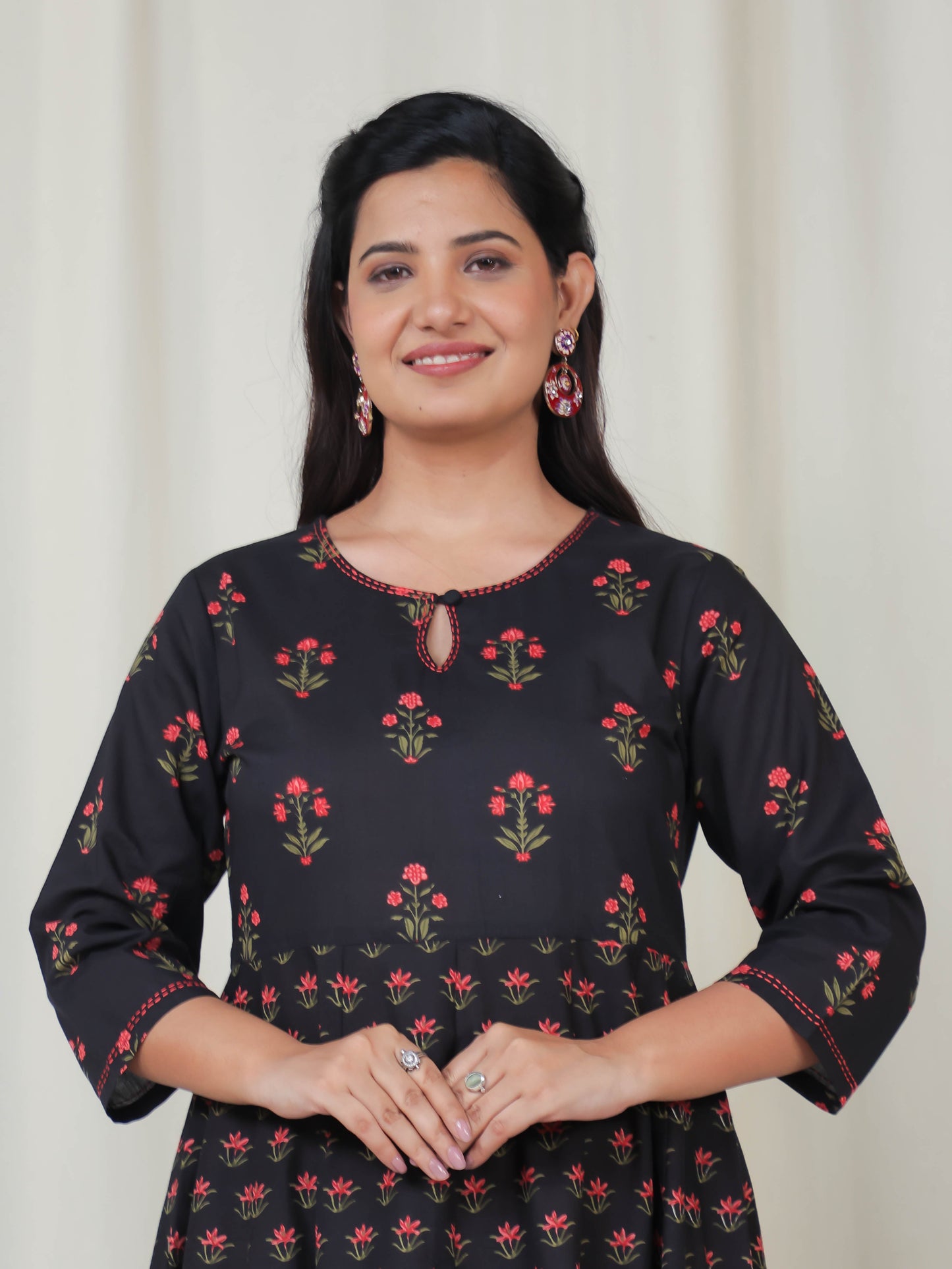 Embroidered Soft Cotton Floral Flared Black Kurta