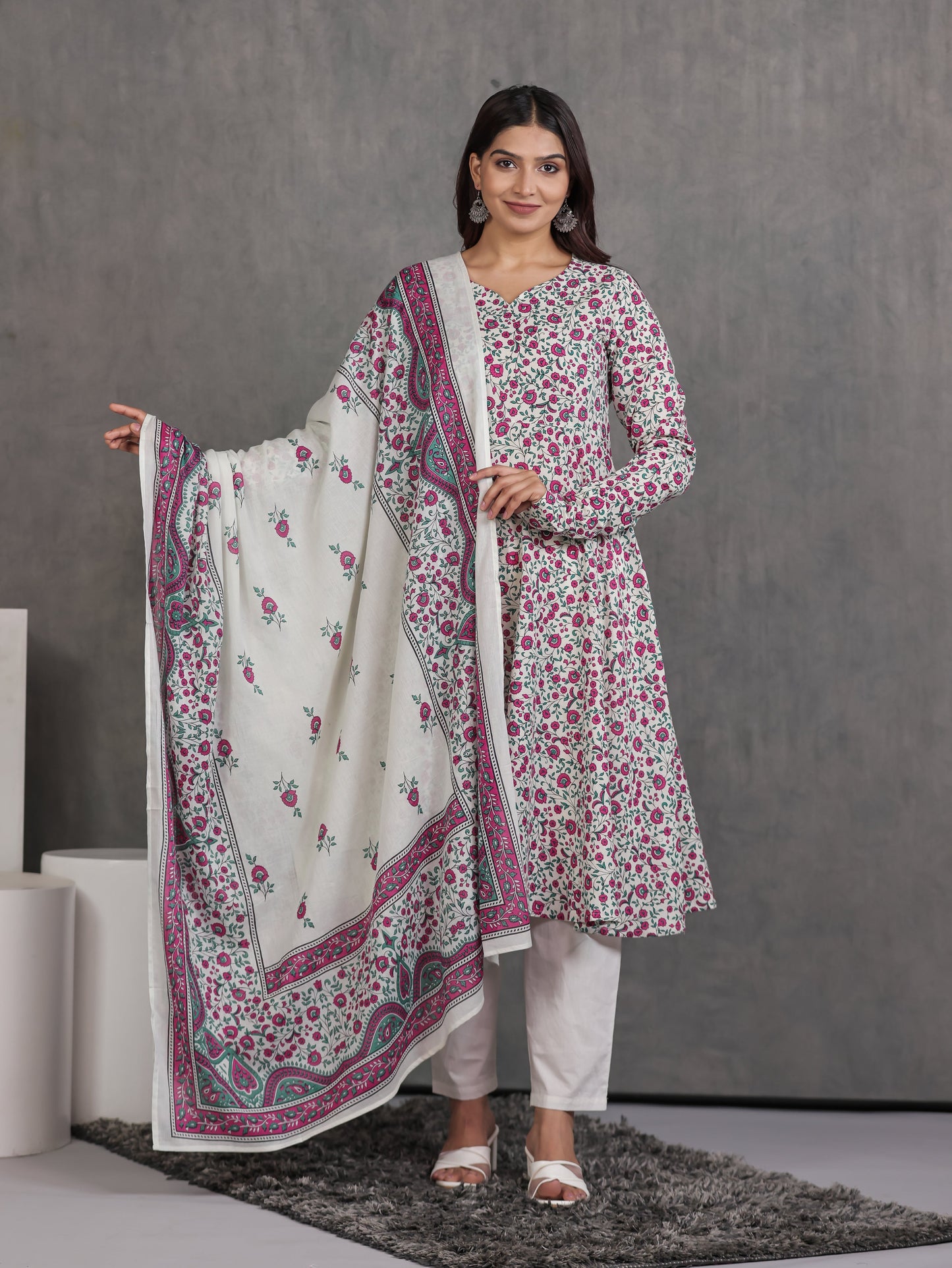 Cotton Voile Floral Off White Dupatta