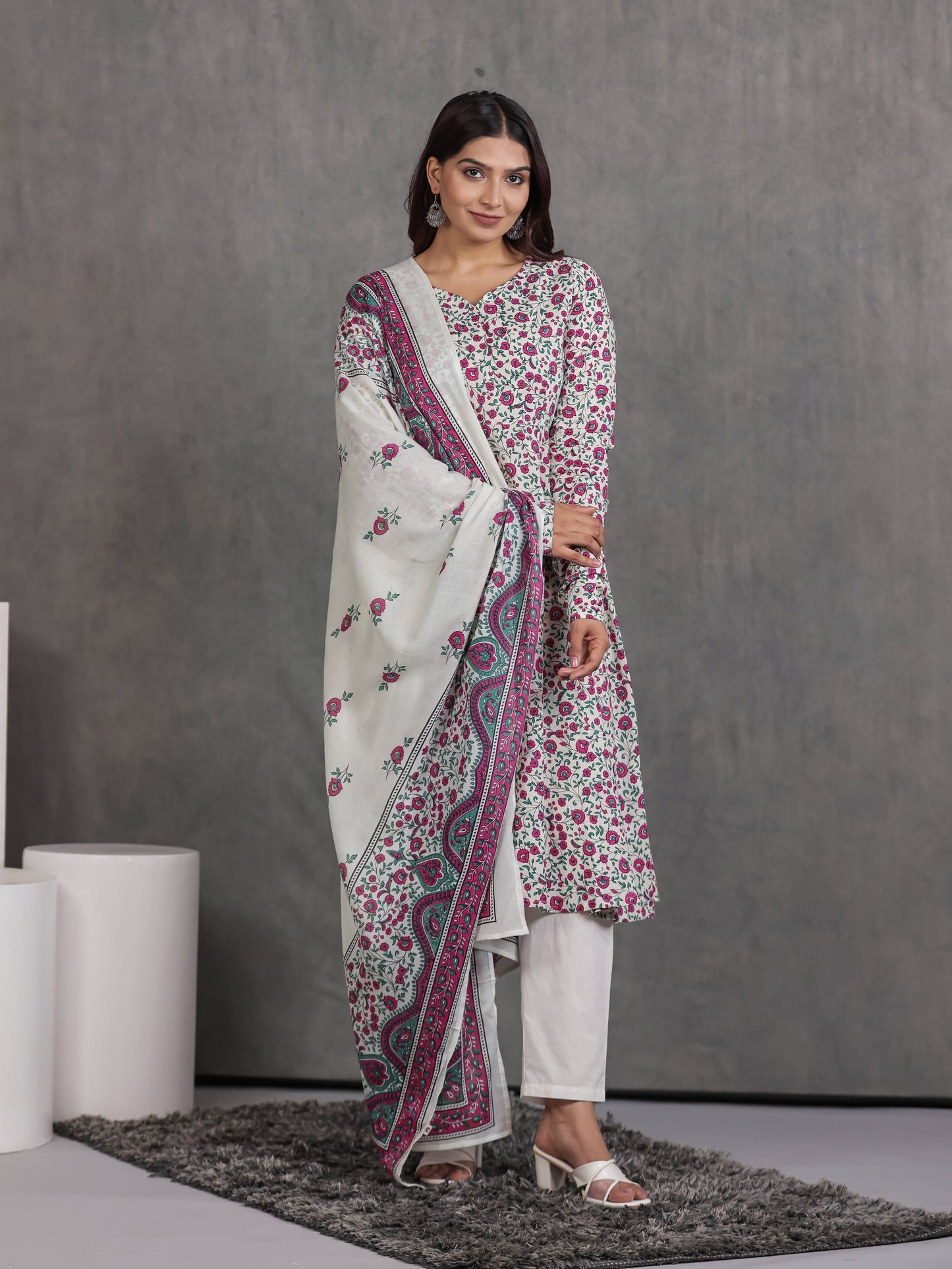 Cotton Voile Floral Off White Dupatta