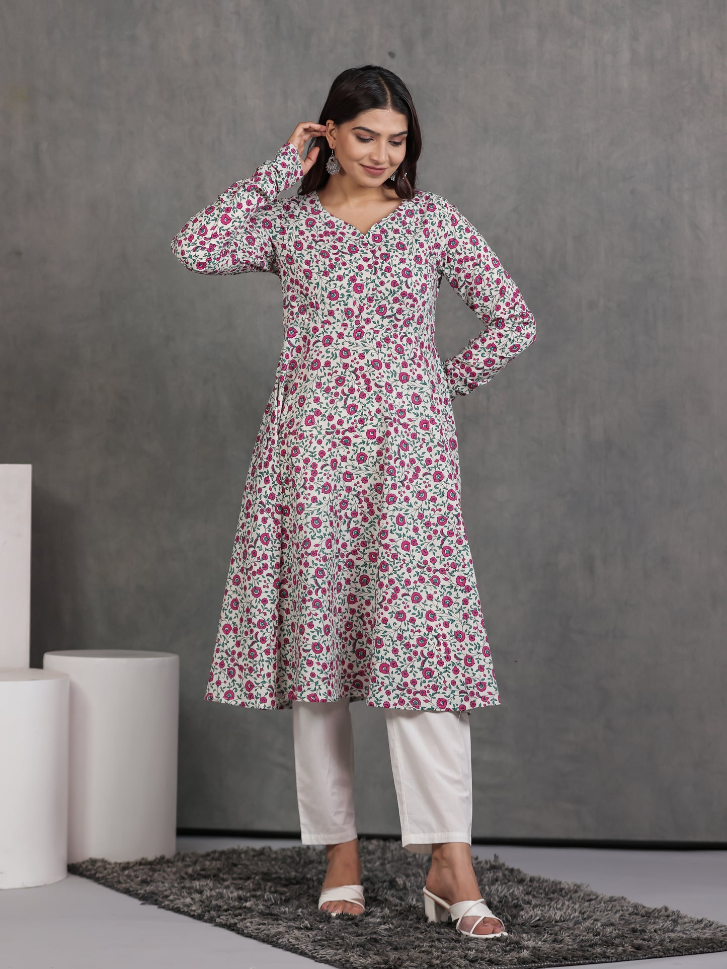 Soft Cotton Floral Anarkali Off White Kurta