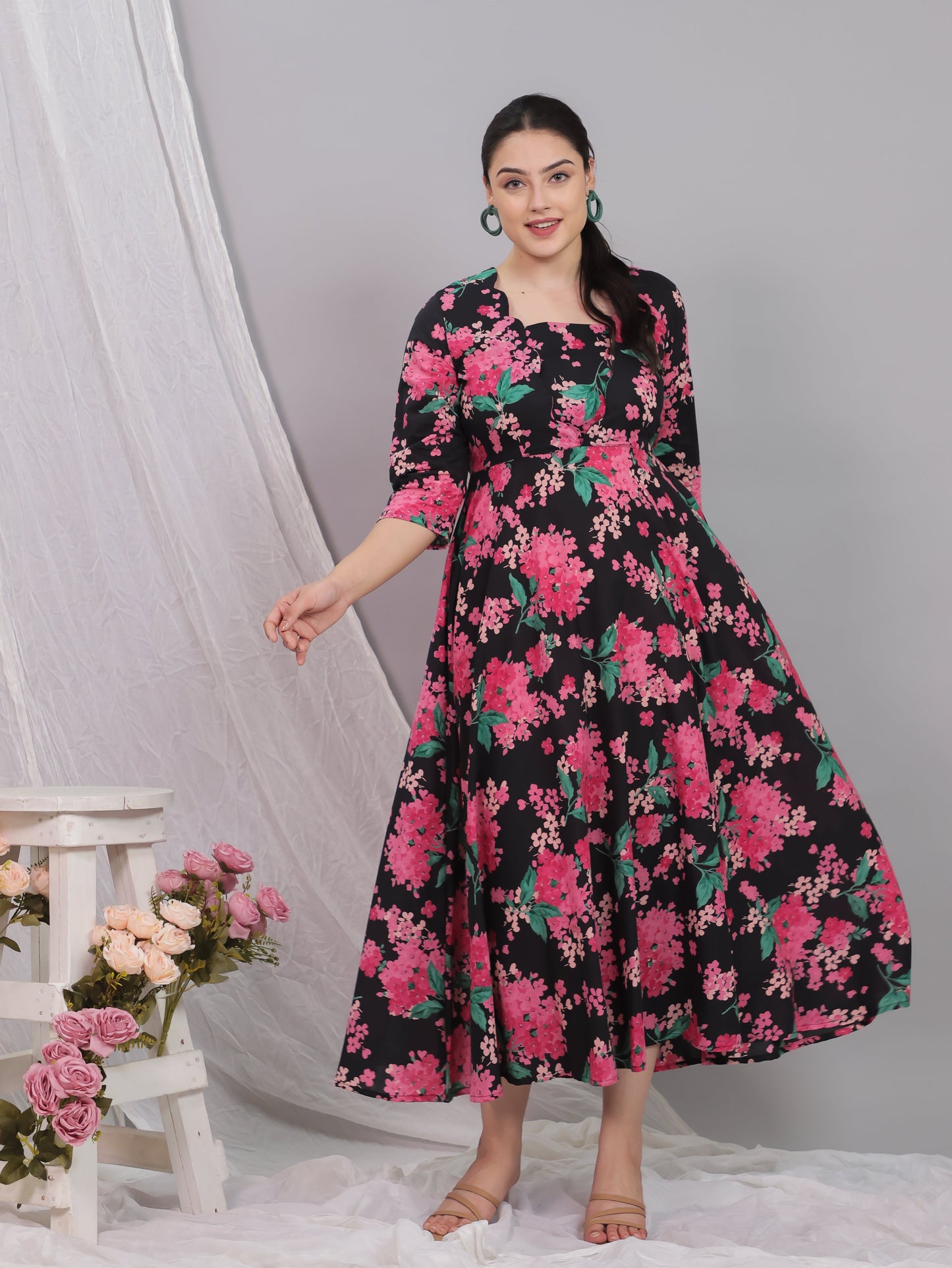 Soft Cotton Floral Flared Black Dress