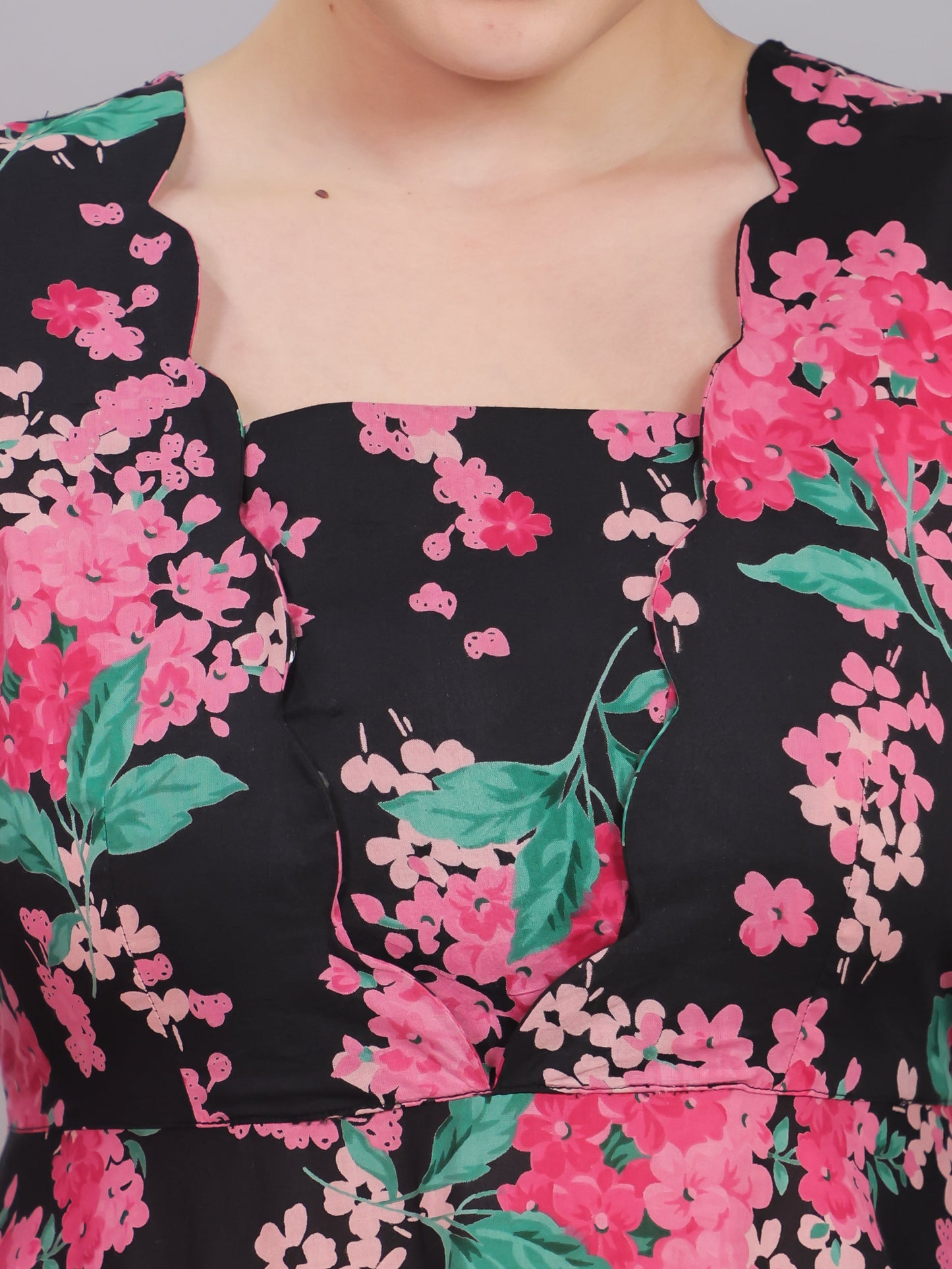 Soft Cotton Floral Flared Black Dress