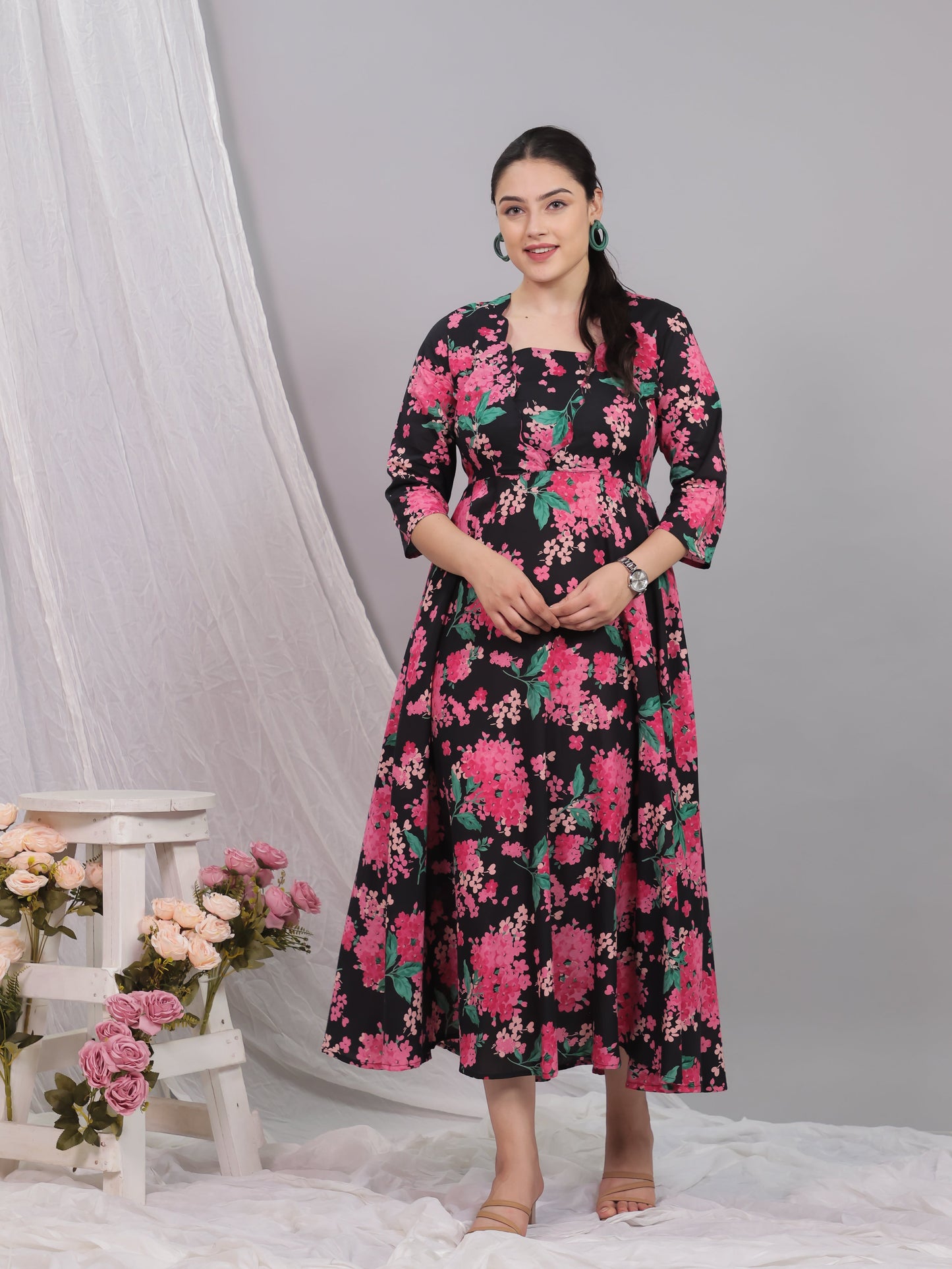 Soft Cotton Floral Flared Black Dress