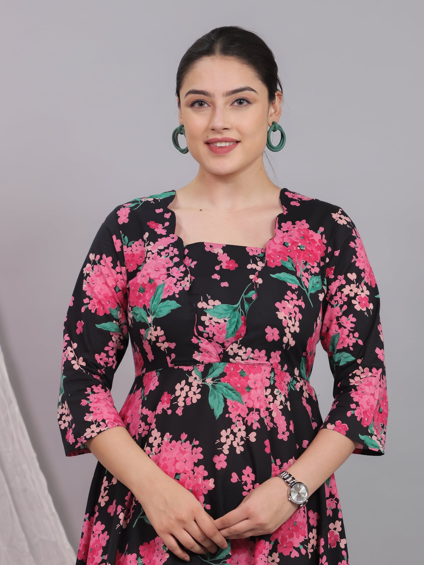 Soft Cotton Floral Flared Black Dress