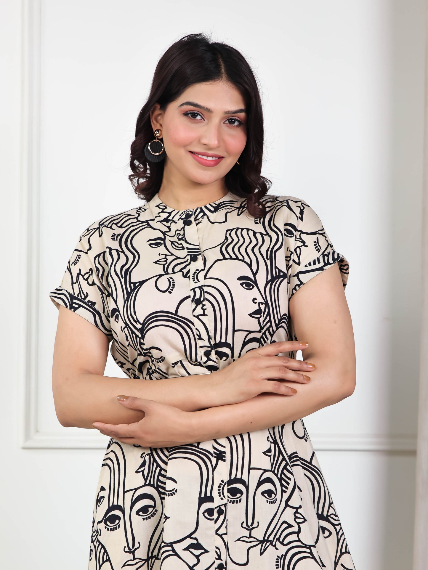 Soft Cotton Abstract A-line Beige Dress
