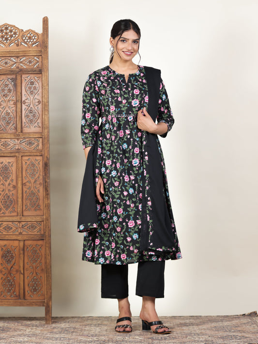 Embroidered Soft Cotton Floral Panelled Black Kurta