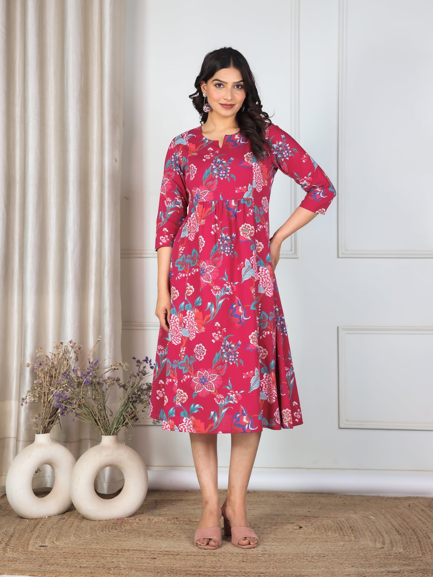 Soft Cotton Floral Panelled Pink Dress