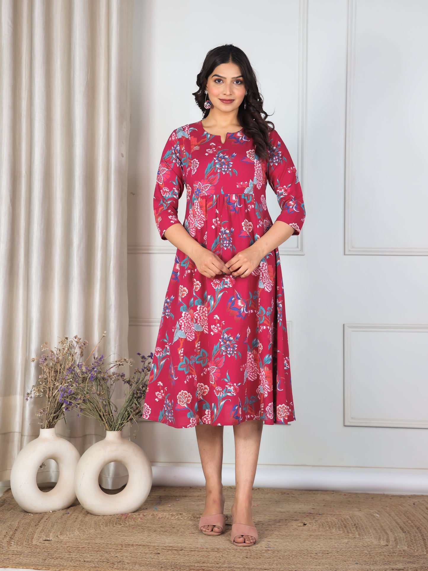 Soft Cotton Floral Panelled Pink Dress