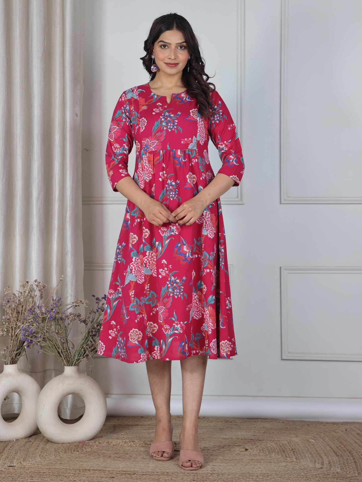 Soft Cotton Floral Panelled Pink Dress