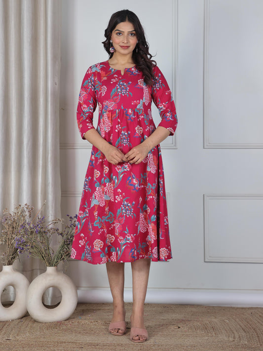 Soft Cotton Floral Panelled Pink Dress