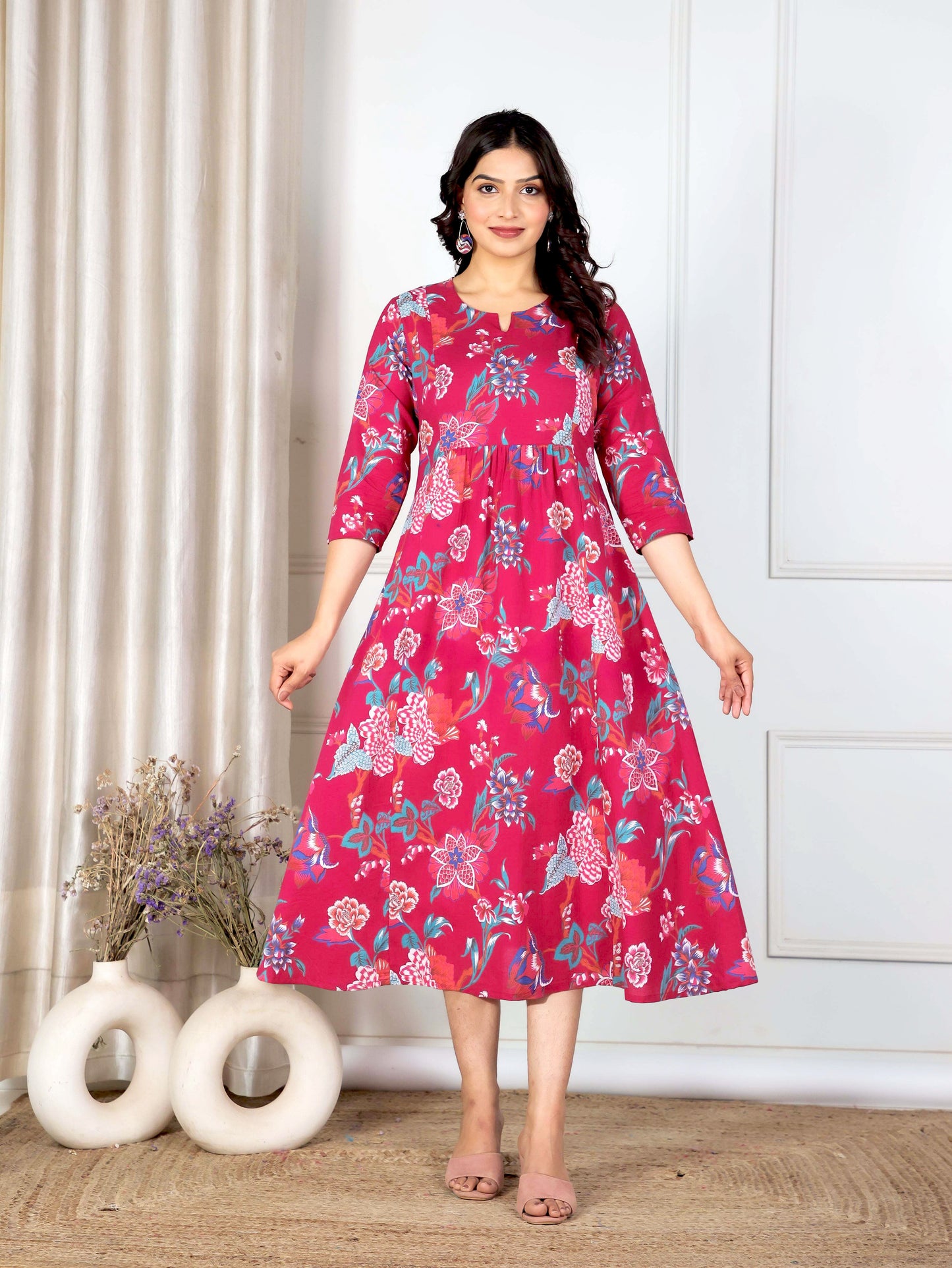 Soft Cotton Floral Panelled Pink Dress