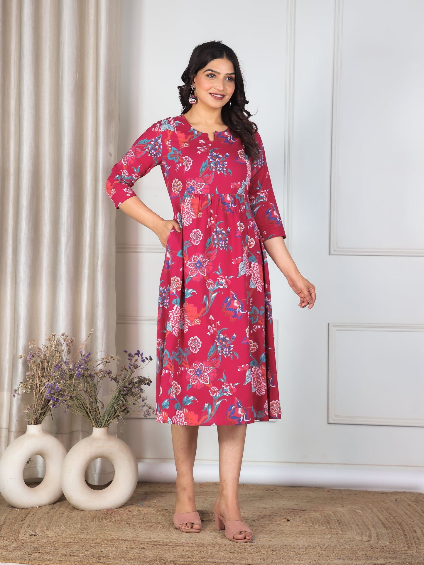Soft Cotton Floral Panelled Pink Dress
