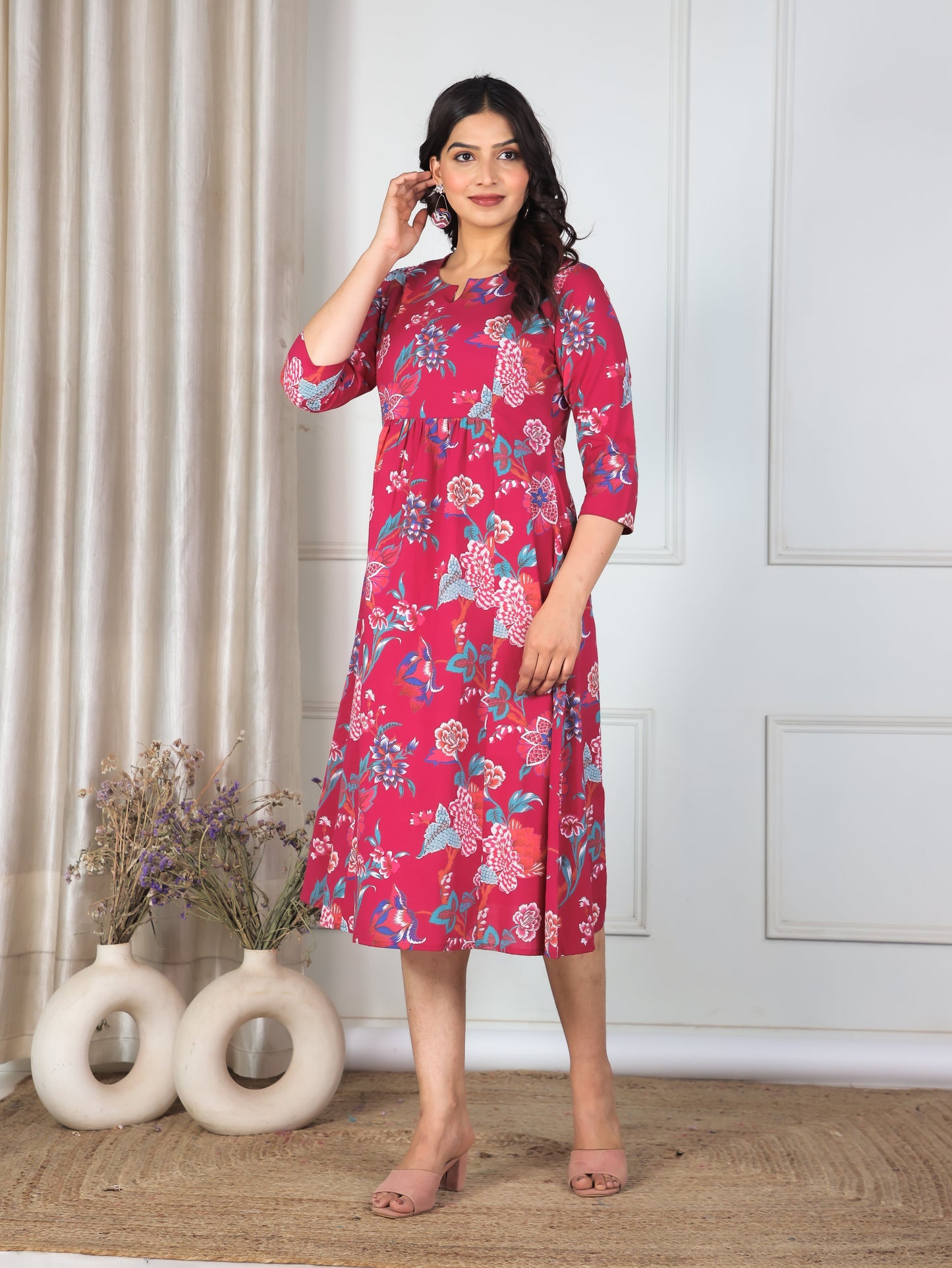 Soft Cotton Floral Panelled Pink Dress
