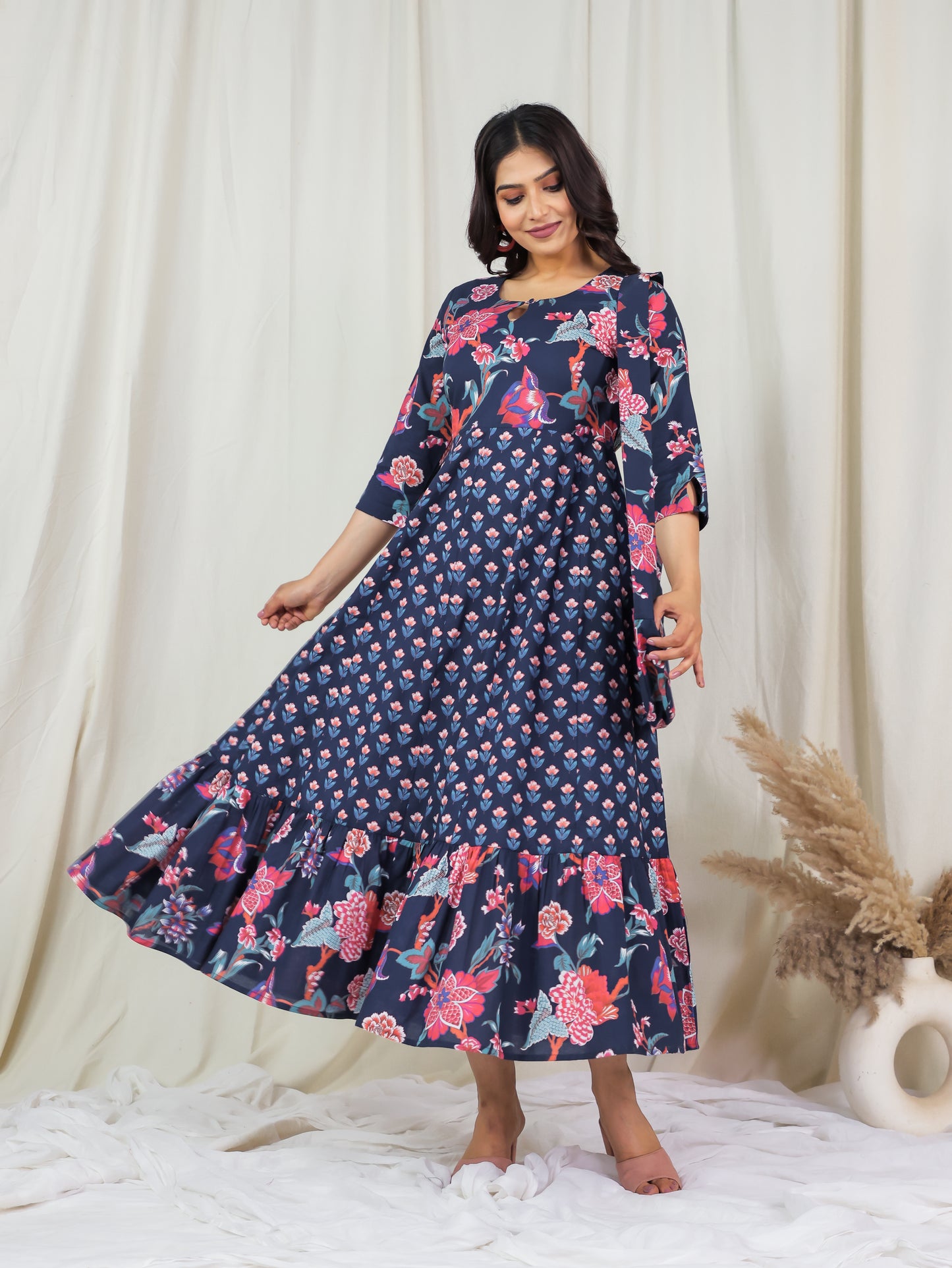 Soft Cotton Floral Anarkali Blue Dress