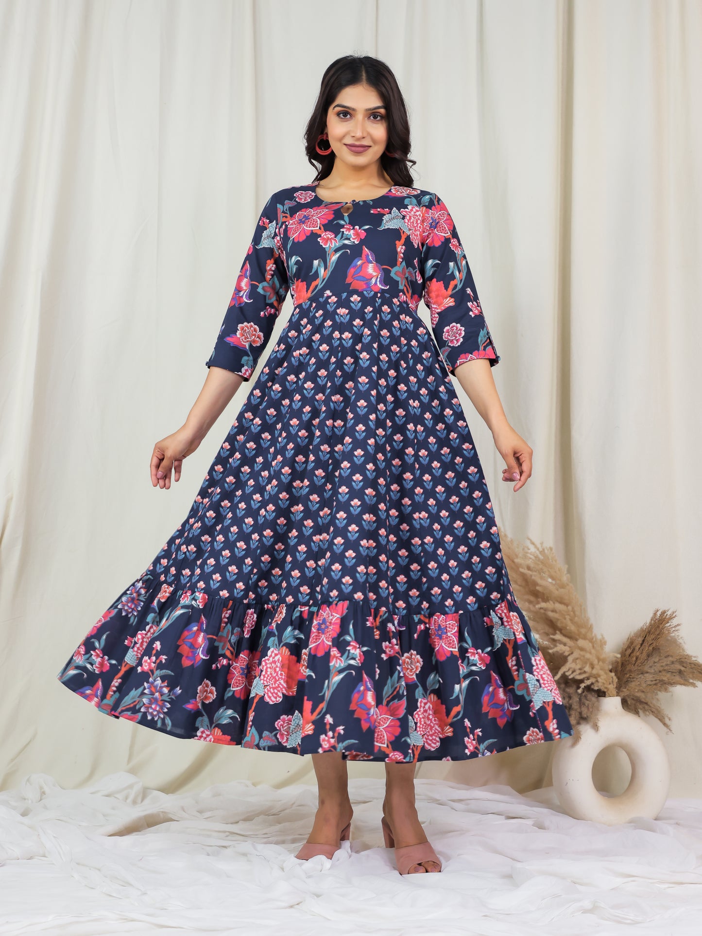 Soft Cotton Floral Anarkali Blue Dress