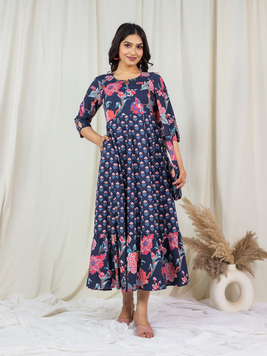 Soft Cotton Floral Anarkali Blue Dress