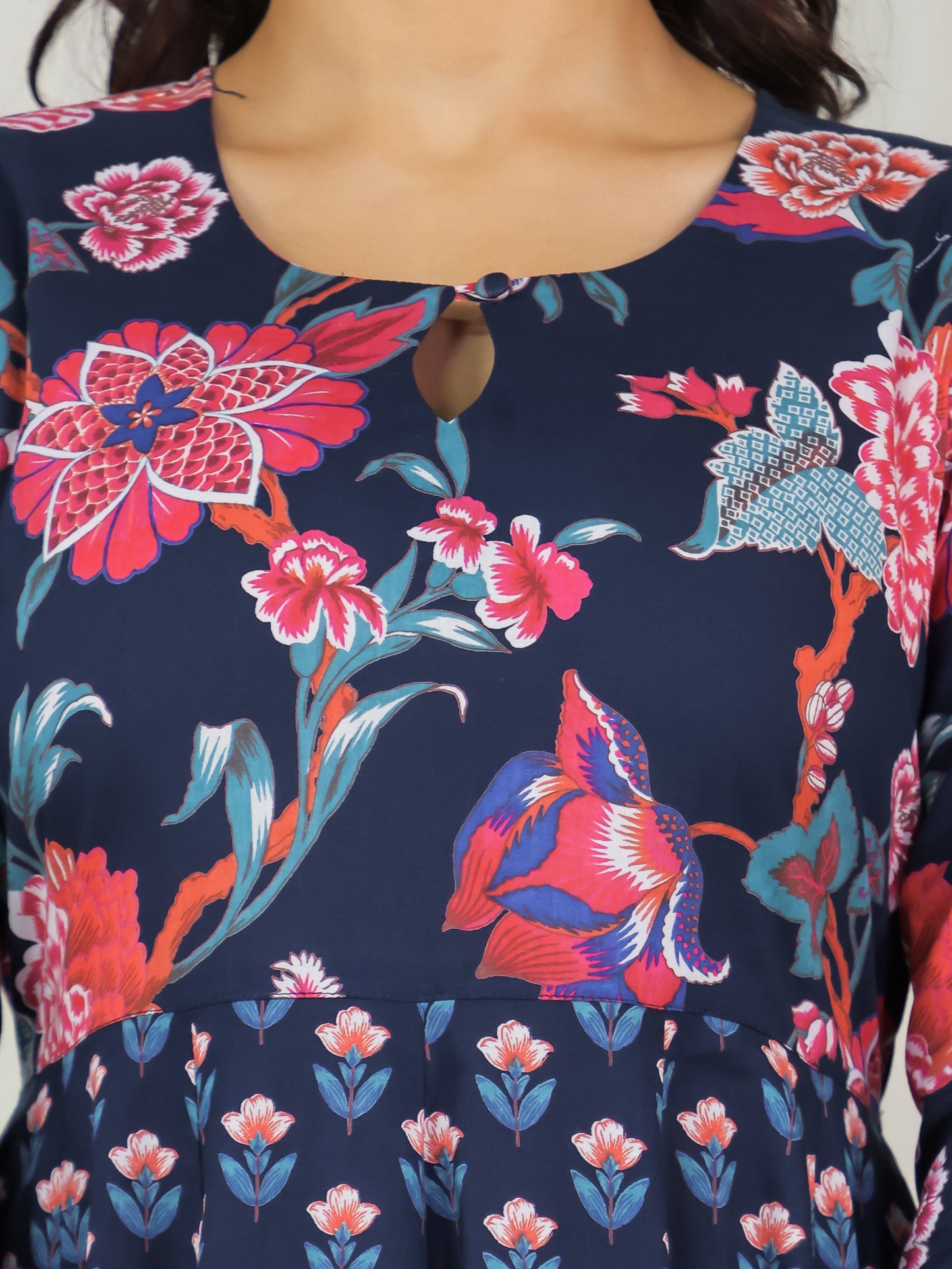 Soft Cotton Floral Anarkali Blue Dress