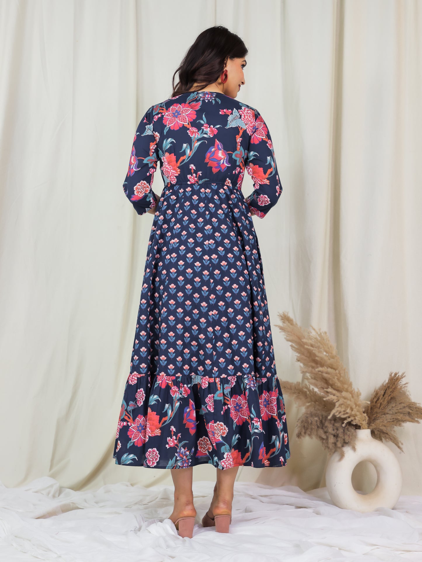 Soft Cotton Floral Anarkali Blue Dress