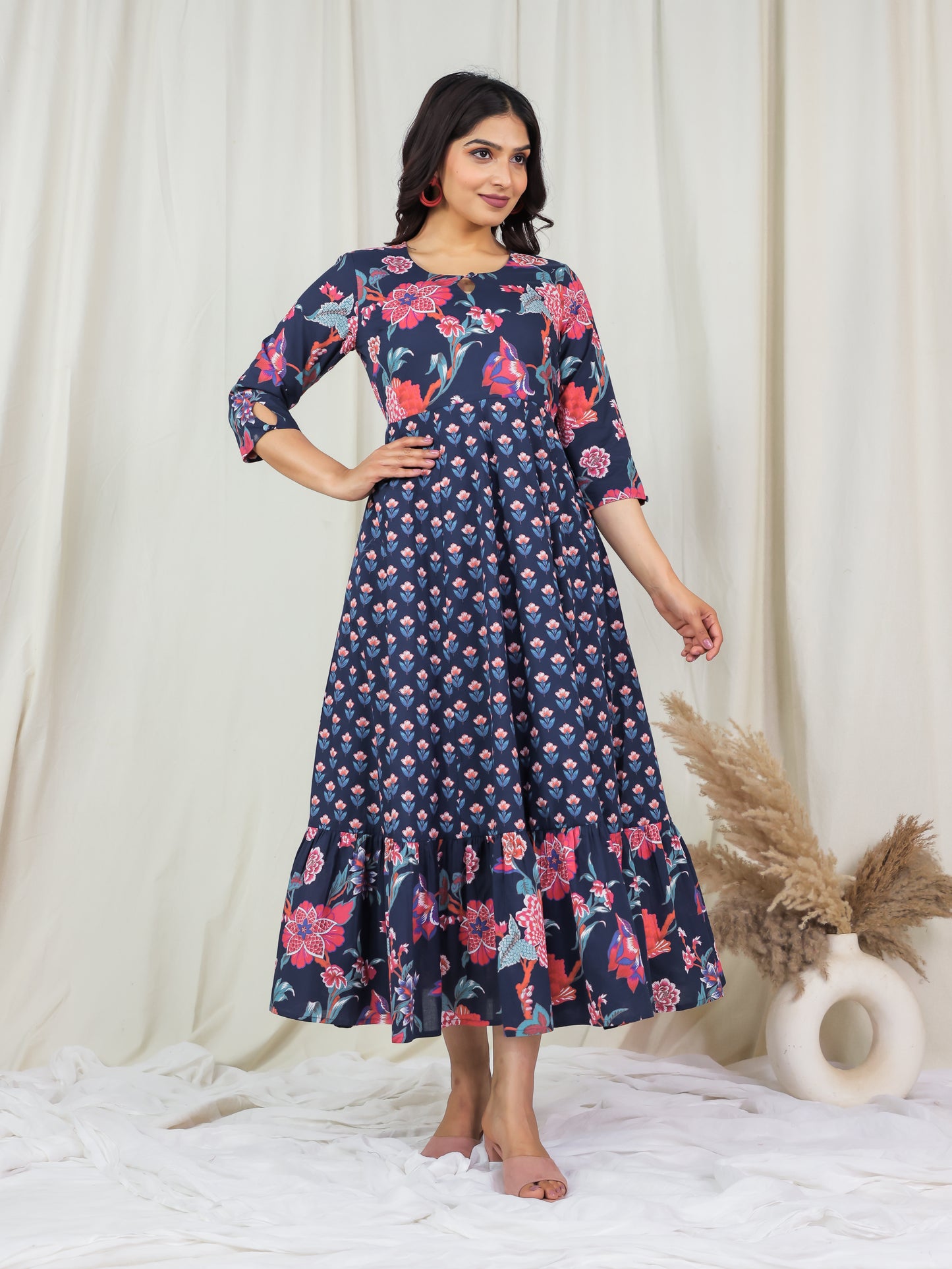 Soft Cotton Floral Anarkali Blue Dress