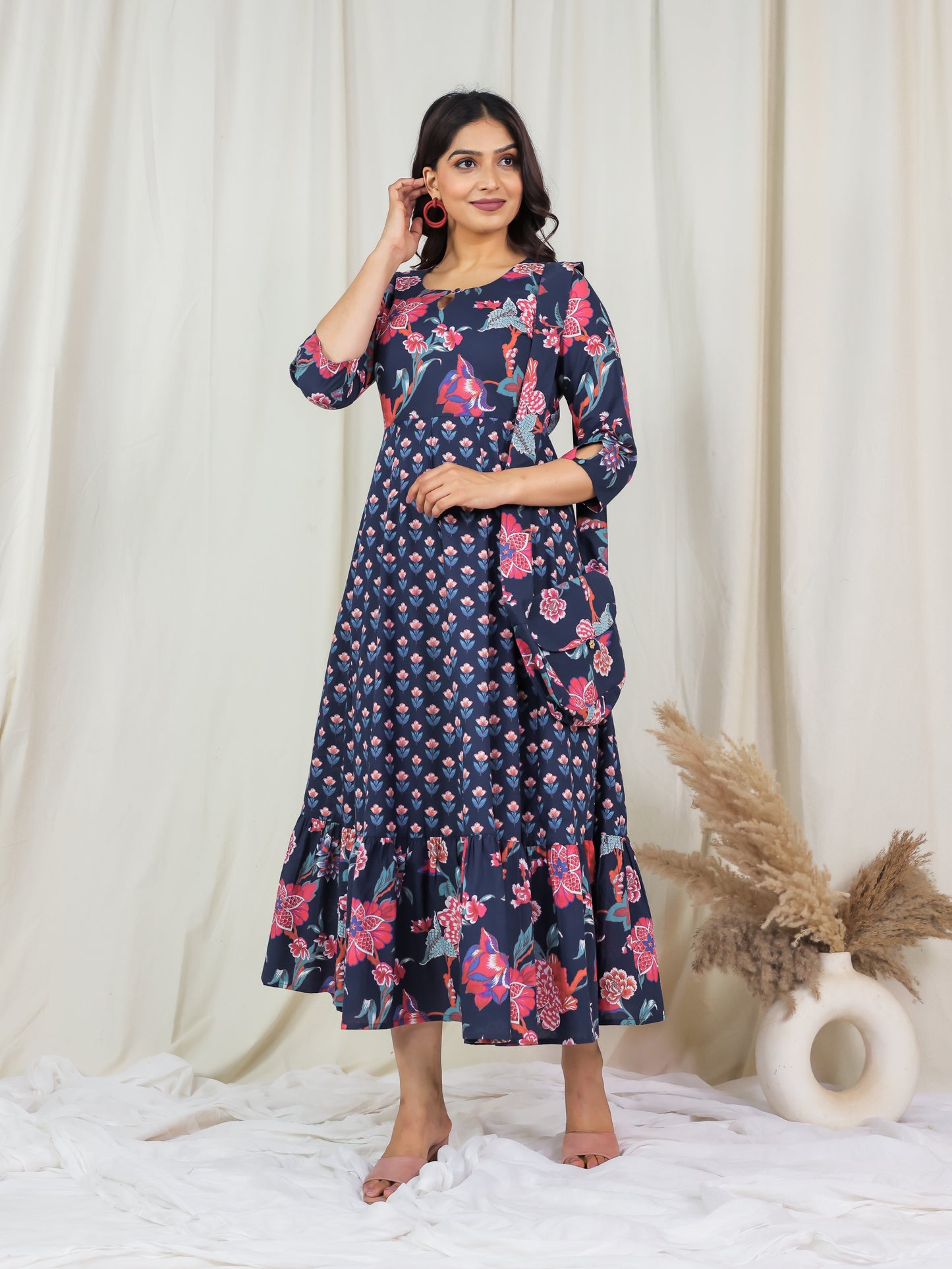 Soft Cotton Floral Anarkali Blue Dress