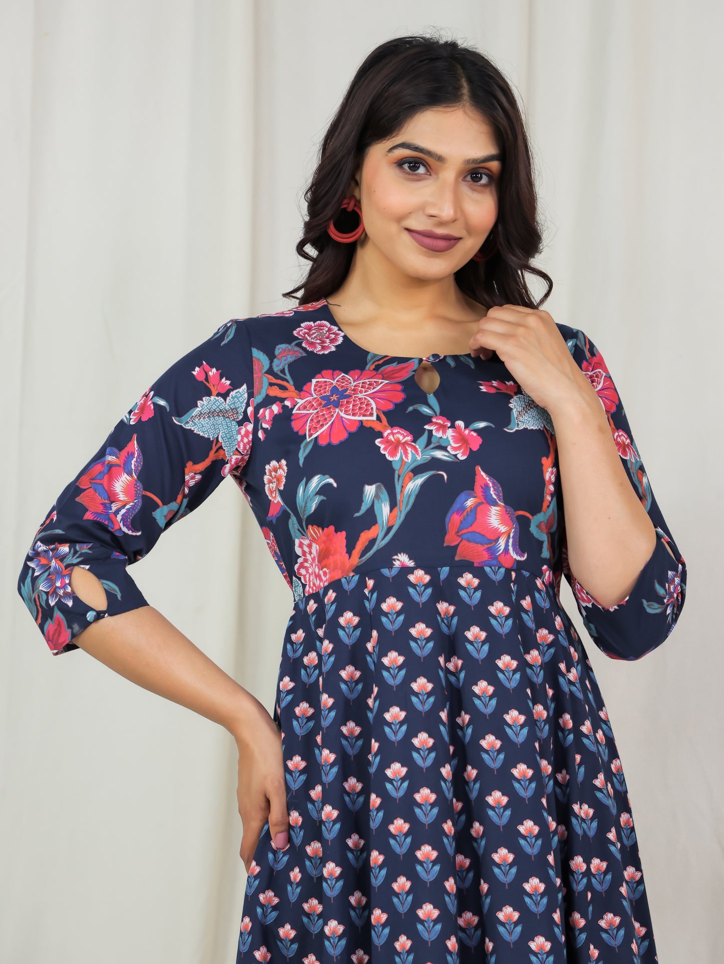 Soft Cotton Floral Anarkali Blue Dress