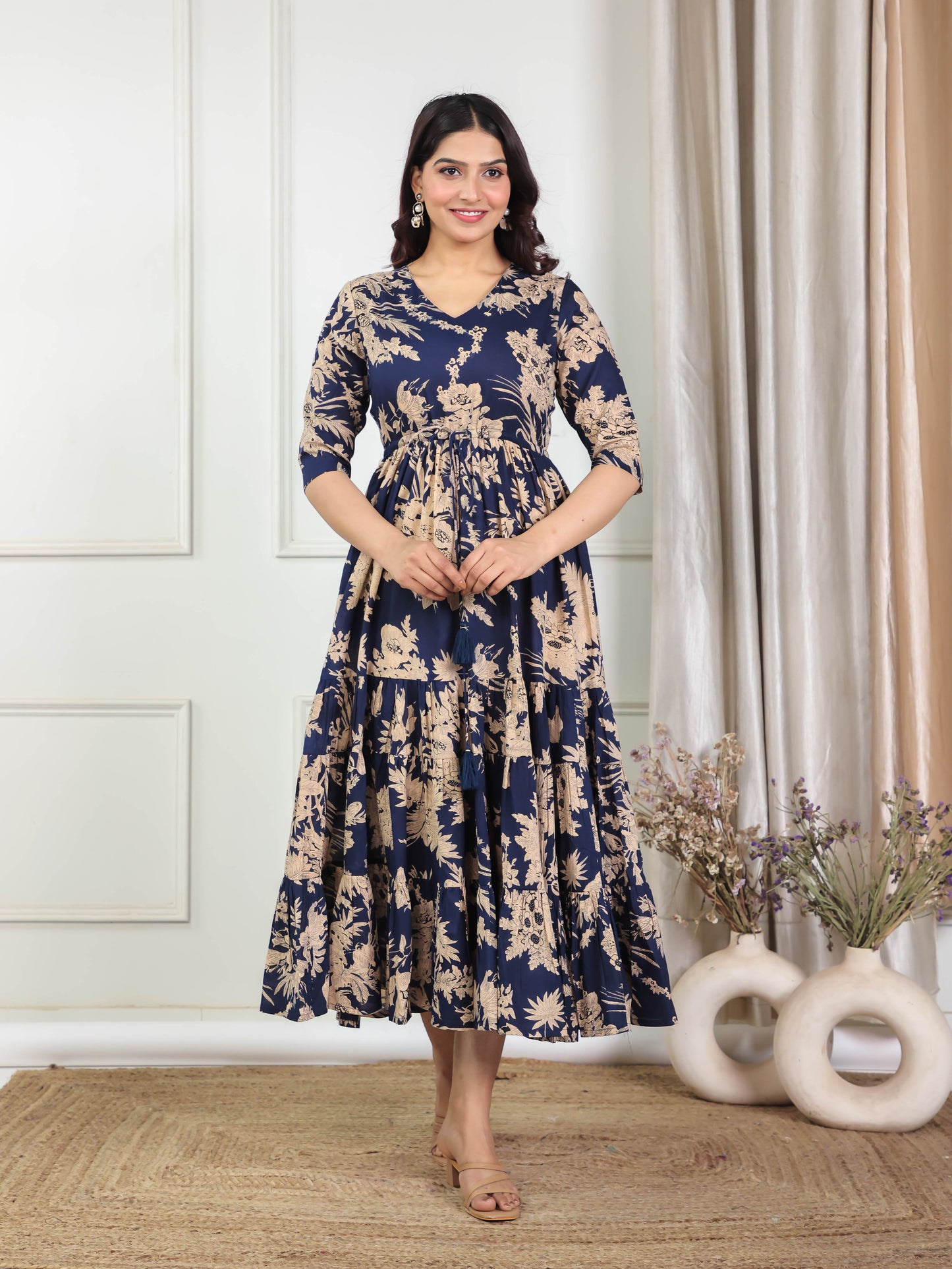 Soft Cotton Floral A-line Blue Dress