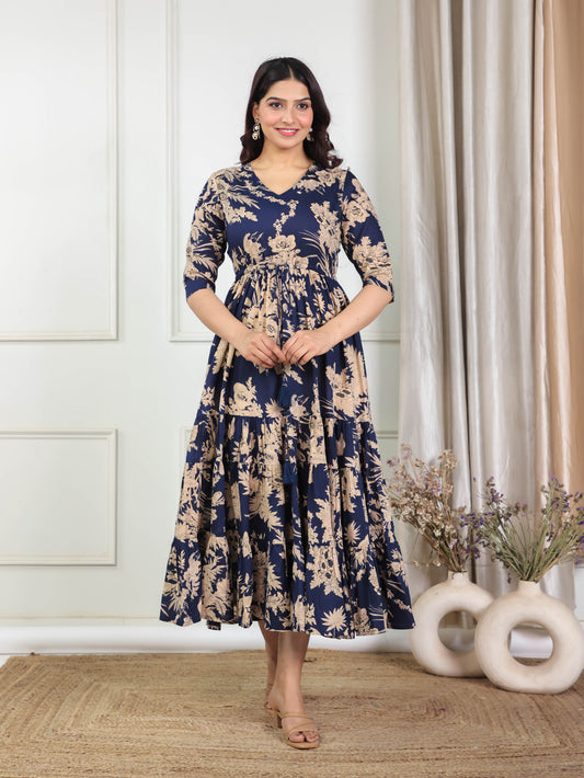 Soft Cotton Floral A-line Blue Dress