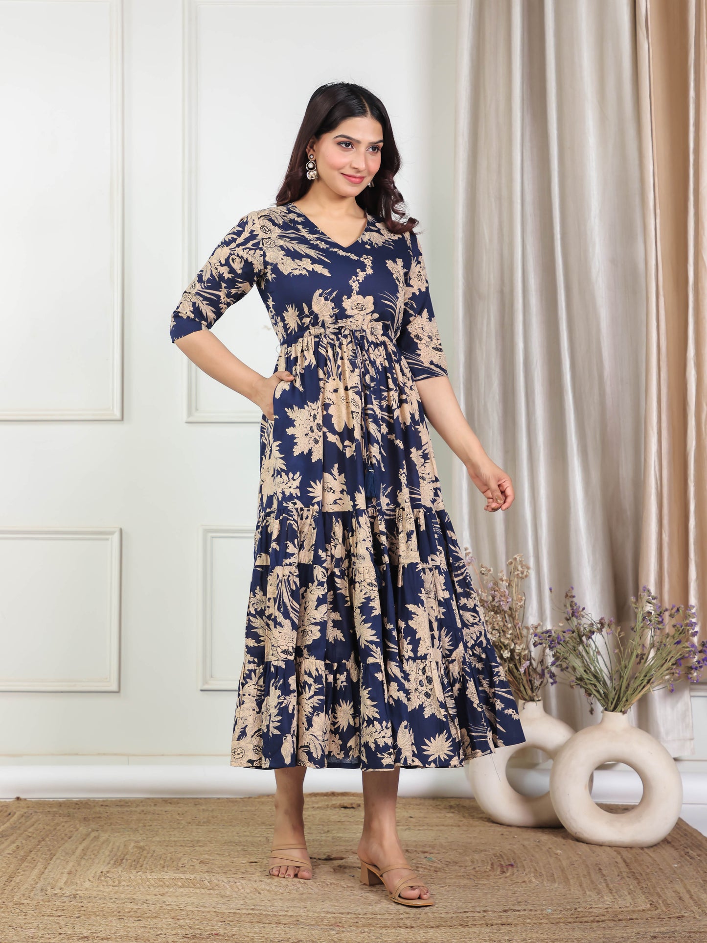 Soft Cotton Floral A-line Blue Dress