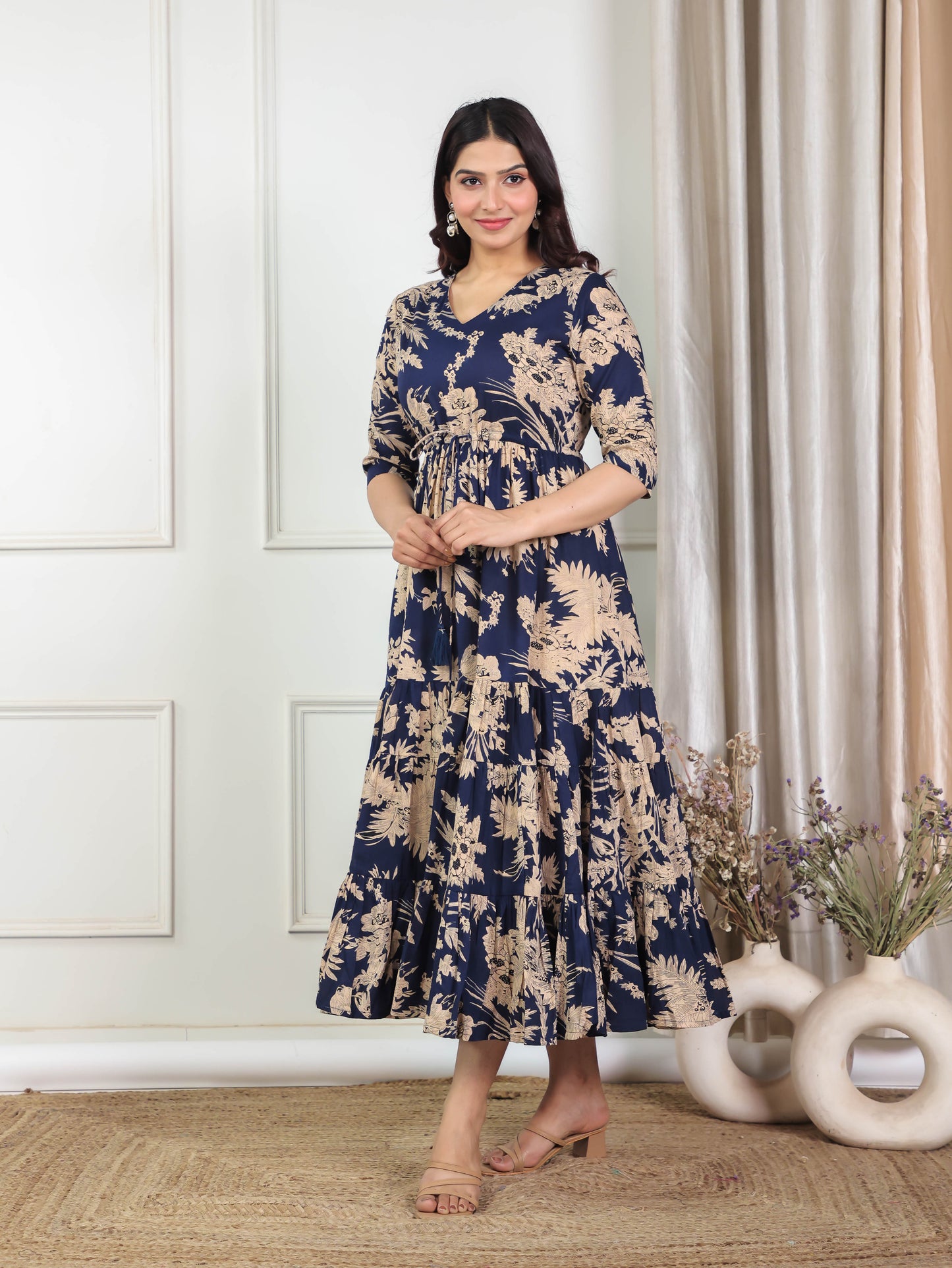 Soft Cotton Floral A-line Blue Dress