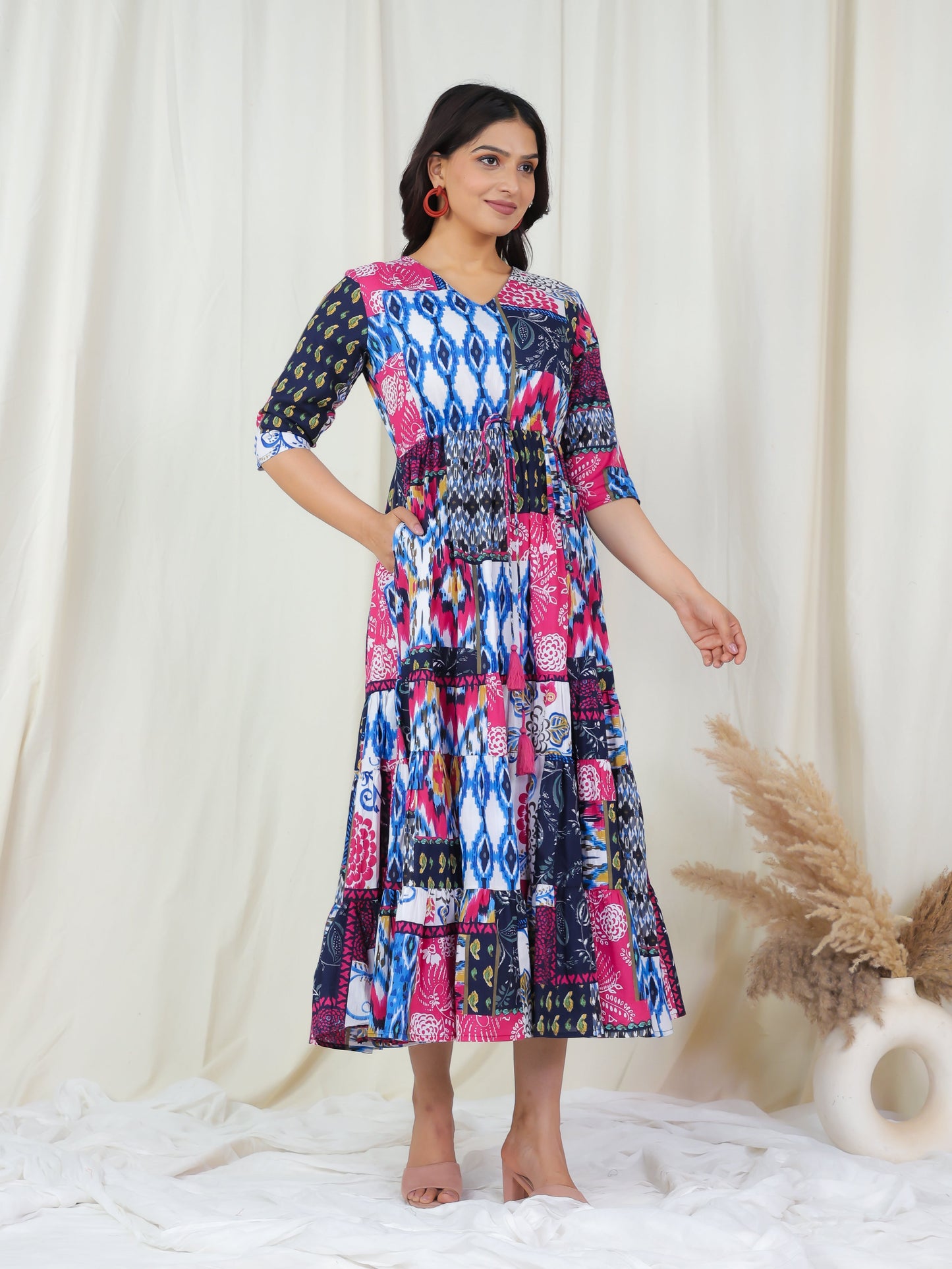 Soft Cotton Patchwork A-line Multicolor Dress