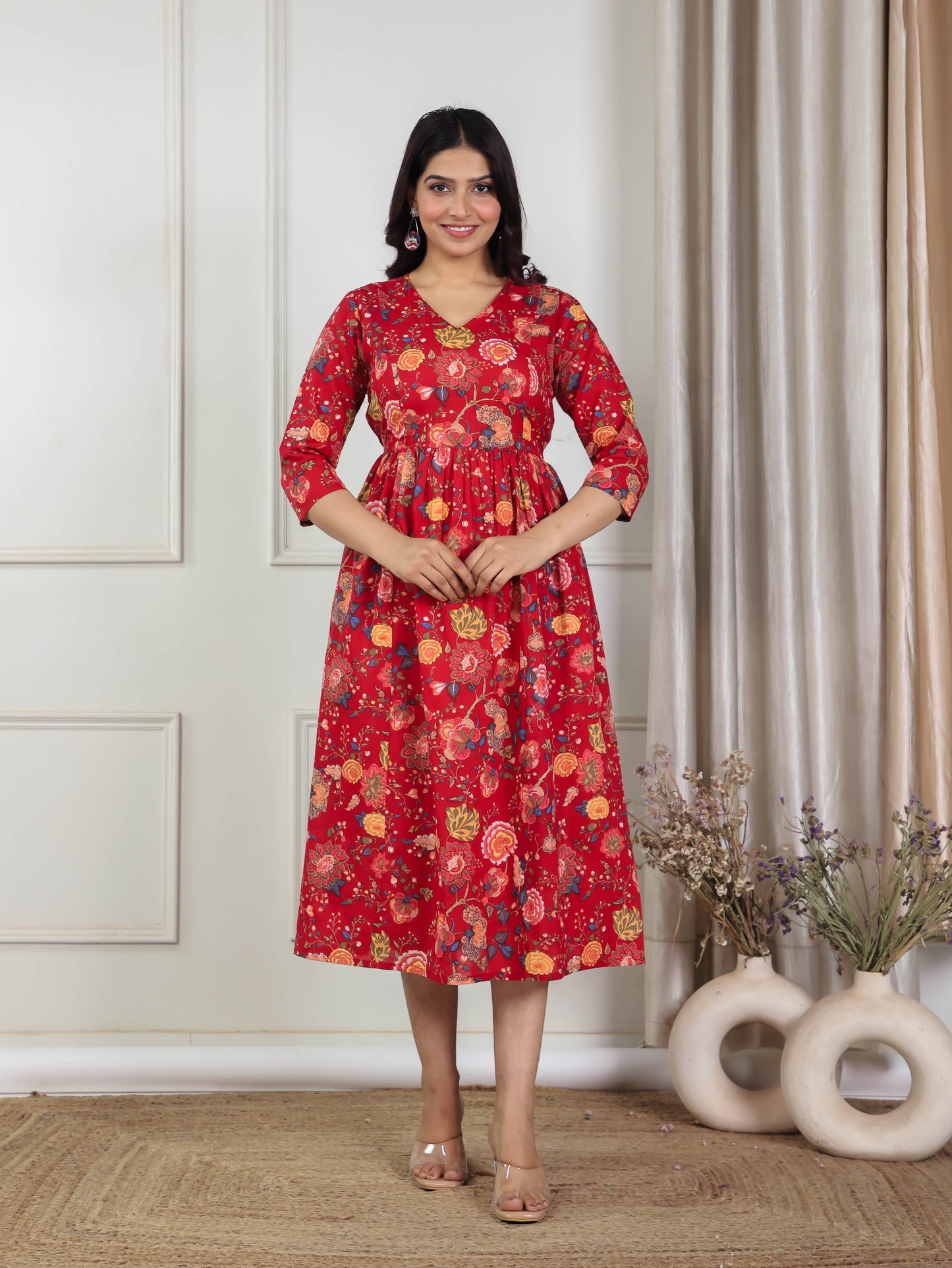Soft Cotton Floral Kalidar Maroon Dress