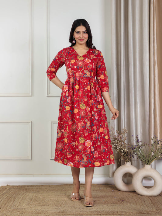Soft Cotton Floral Kalidar Maroon Dress