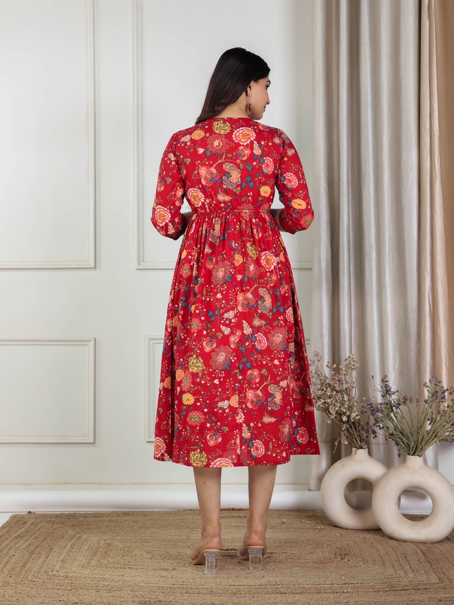 Soft Cotton Floral Kalidar Maroon Dress