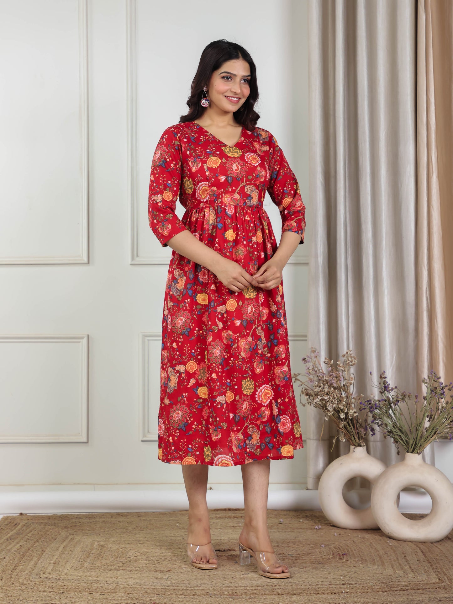 Soft Cotton Floral Kalidar Maroon Dress