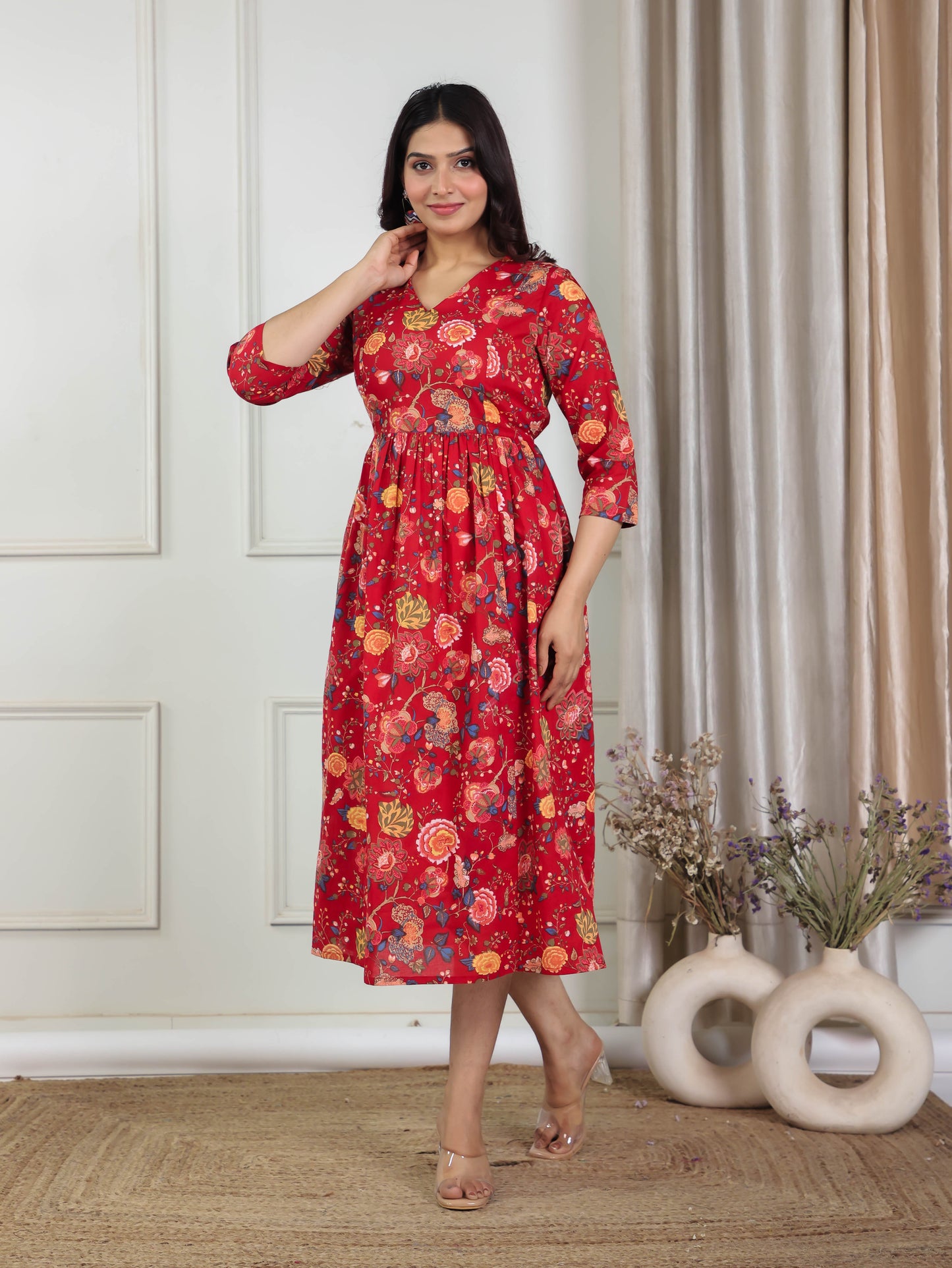 Soft Cotton Floral Kalidar Maroon Dress