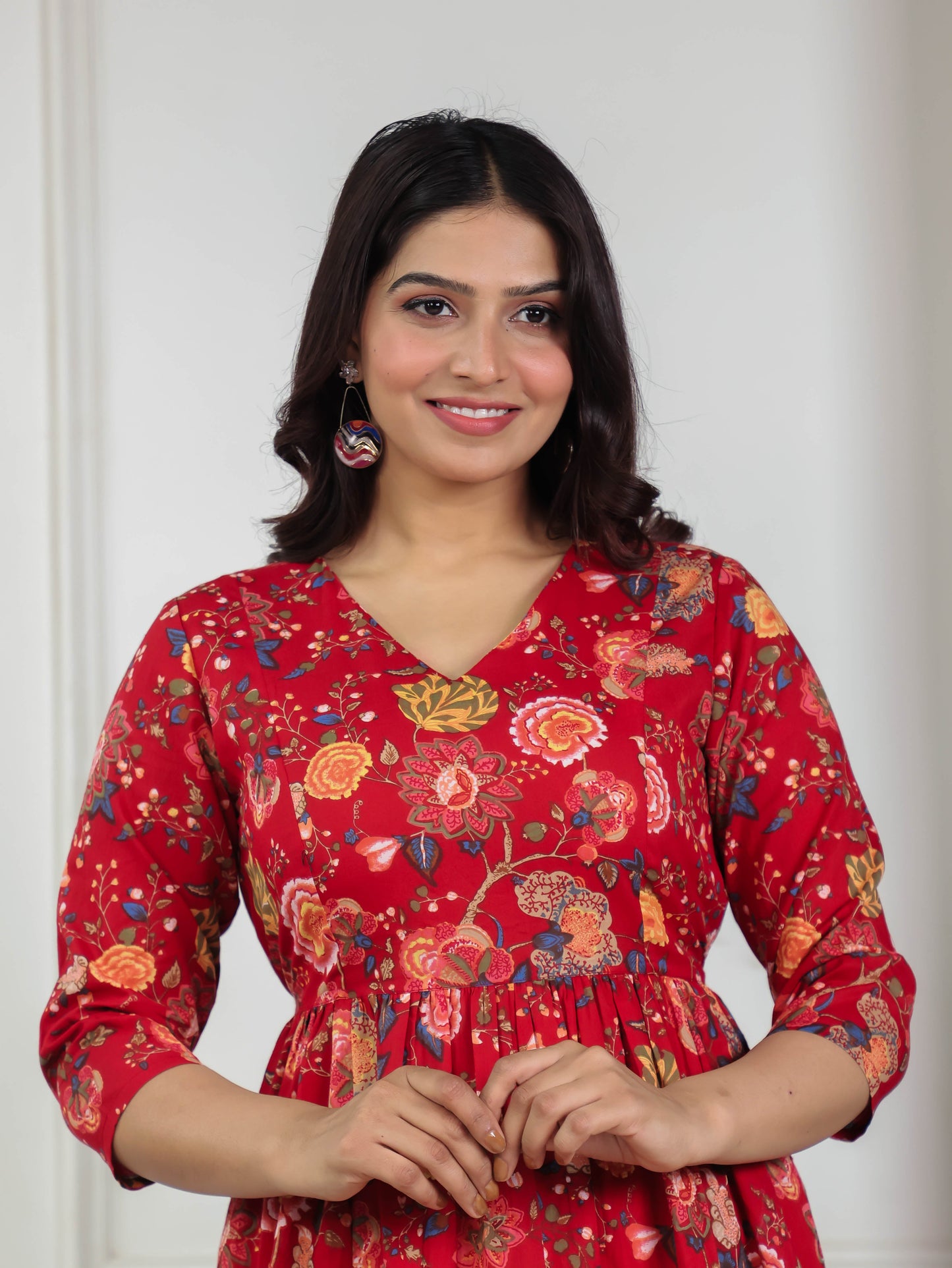 Soft Cotton Floral Kalidar Maroon Dress