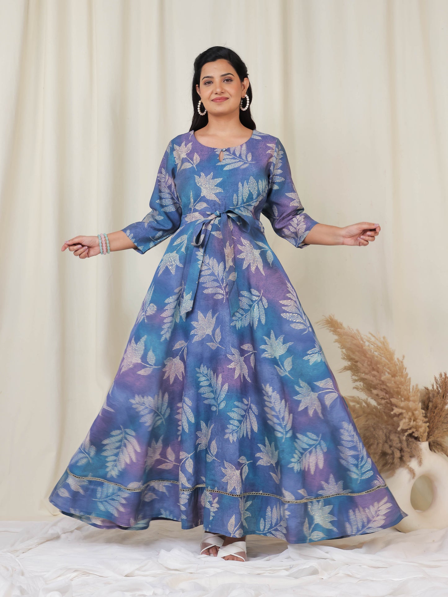 Muslin Floral Anarkali Blue Dress