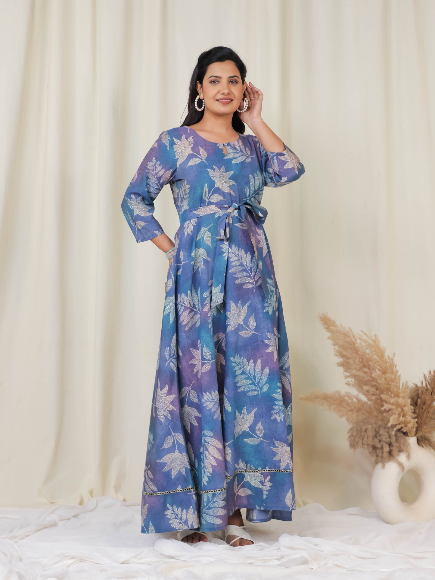 Muslin Floral Anarkali Blue Dress