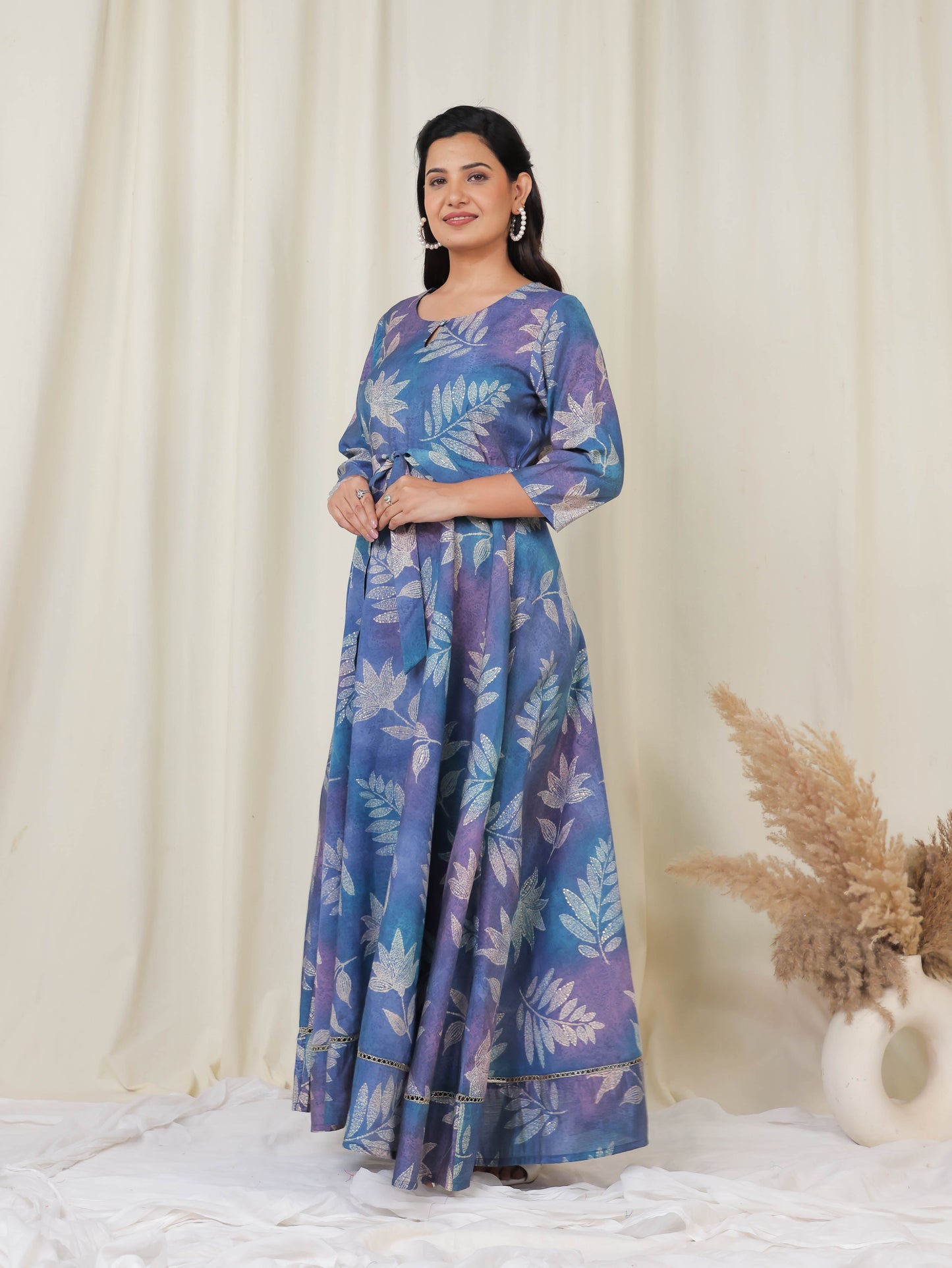 Muslin Floral Anarkali Blue Dress