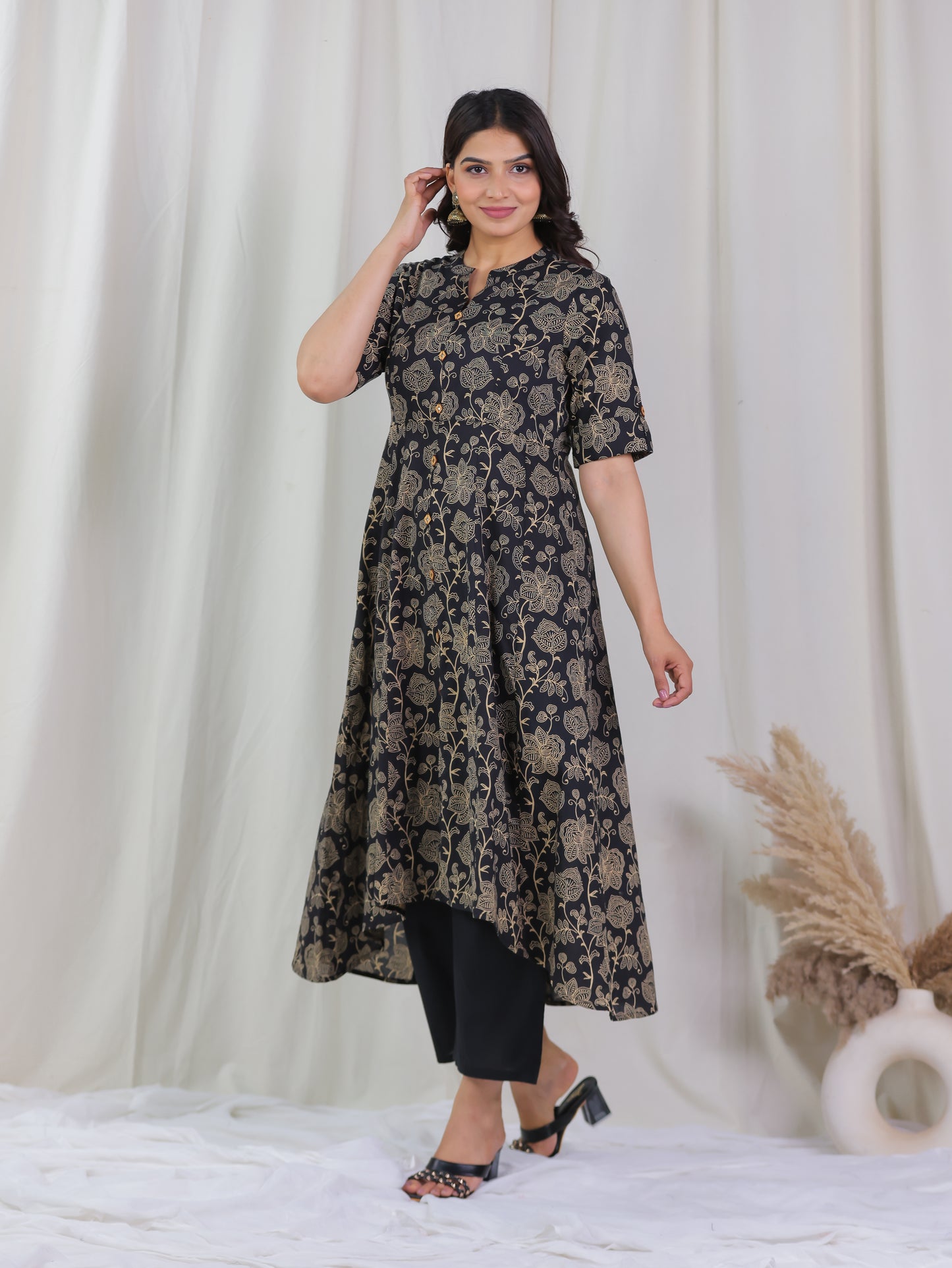 Soft Cotton Floral High Low Black Kurta
