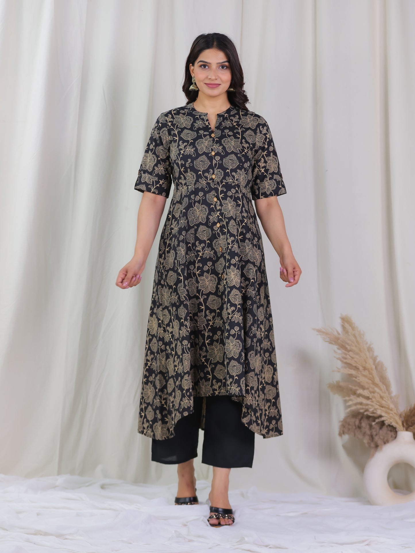 Soft Cotton Floral High Low Black Kurta
