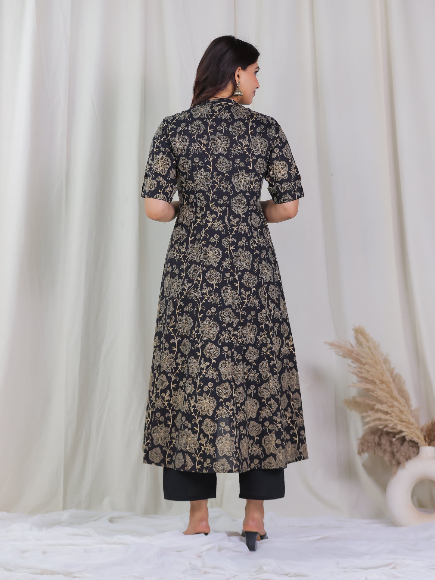 Soft Cotton Floral High Low Black Kurta