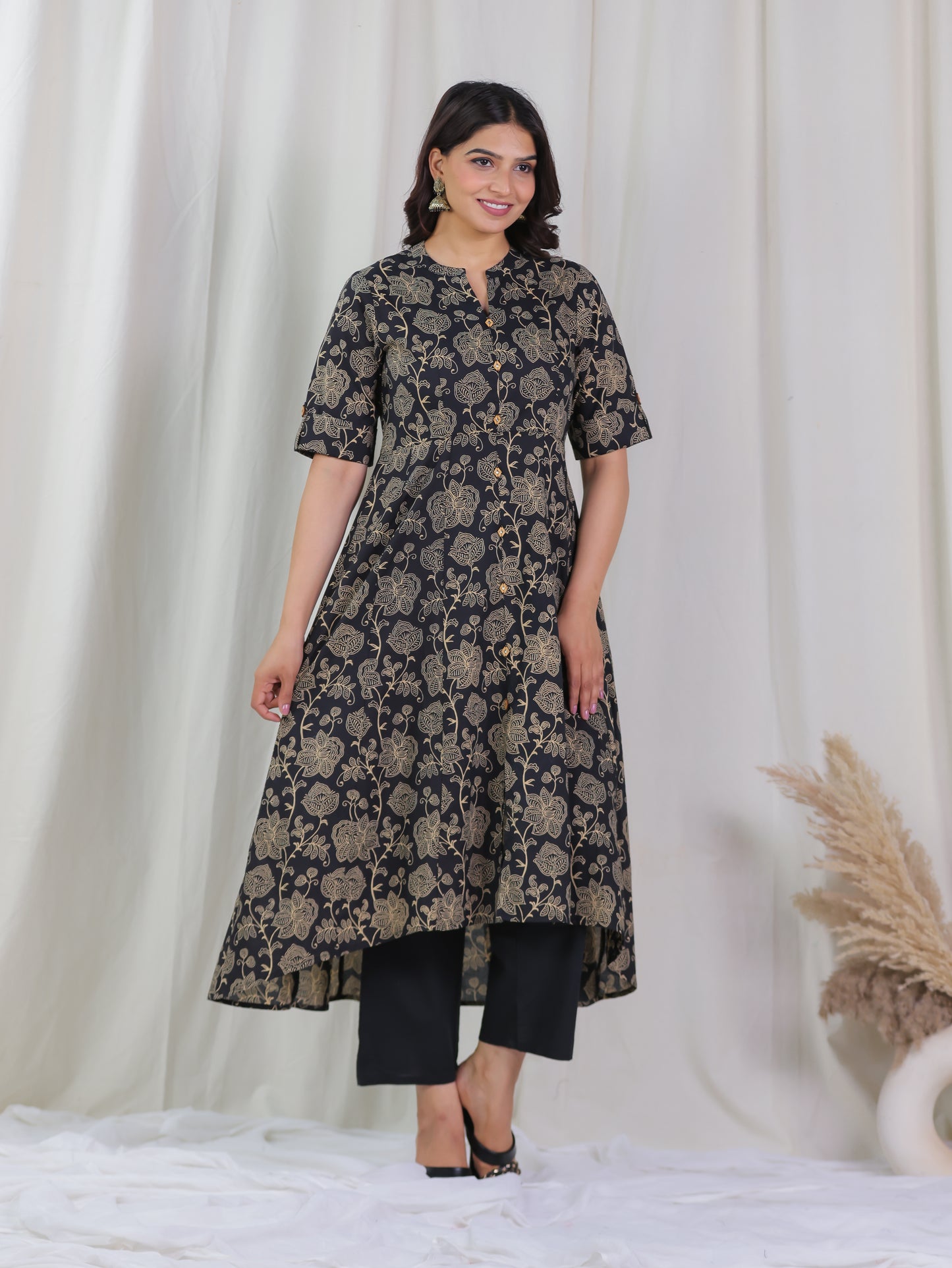 Soft Cotton Floral High Low Black Kurta