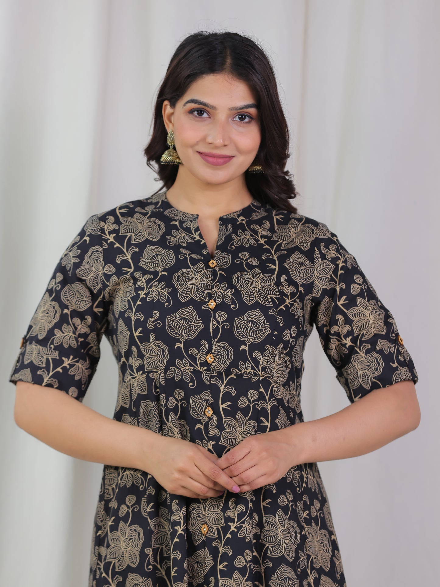 Soft Cotton Floral High Low Black Kurta